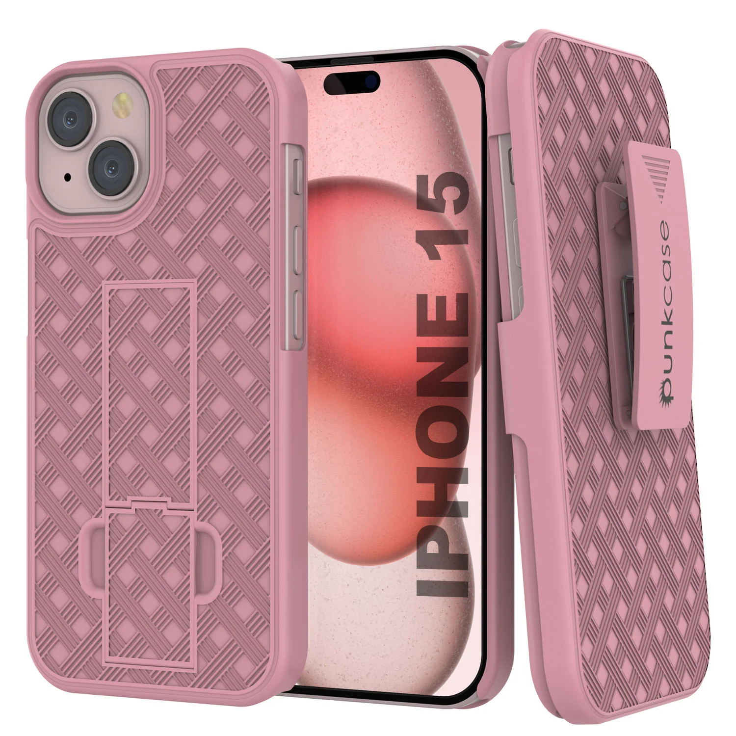 iPhone 15 Case With Tempered Glass Screen Protector, Holster Belt Clip & Built-In Kickstand [Pink]