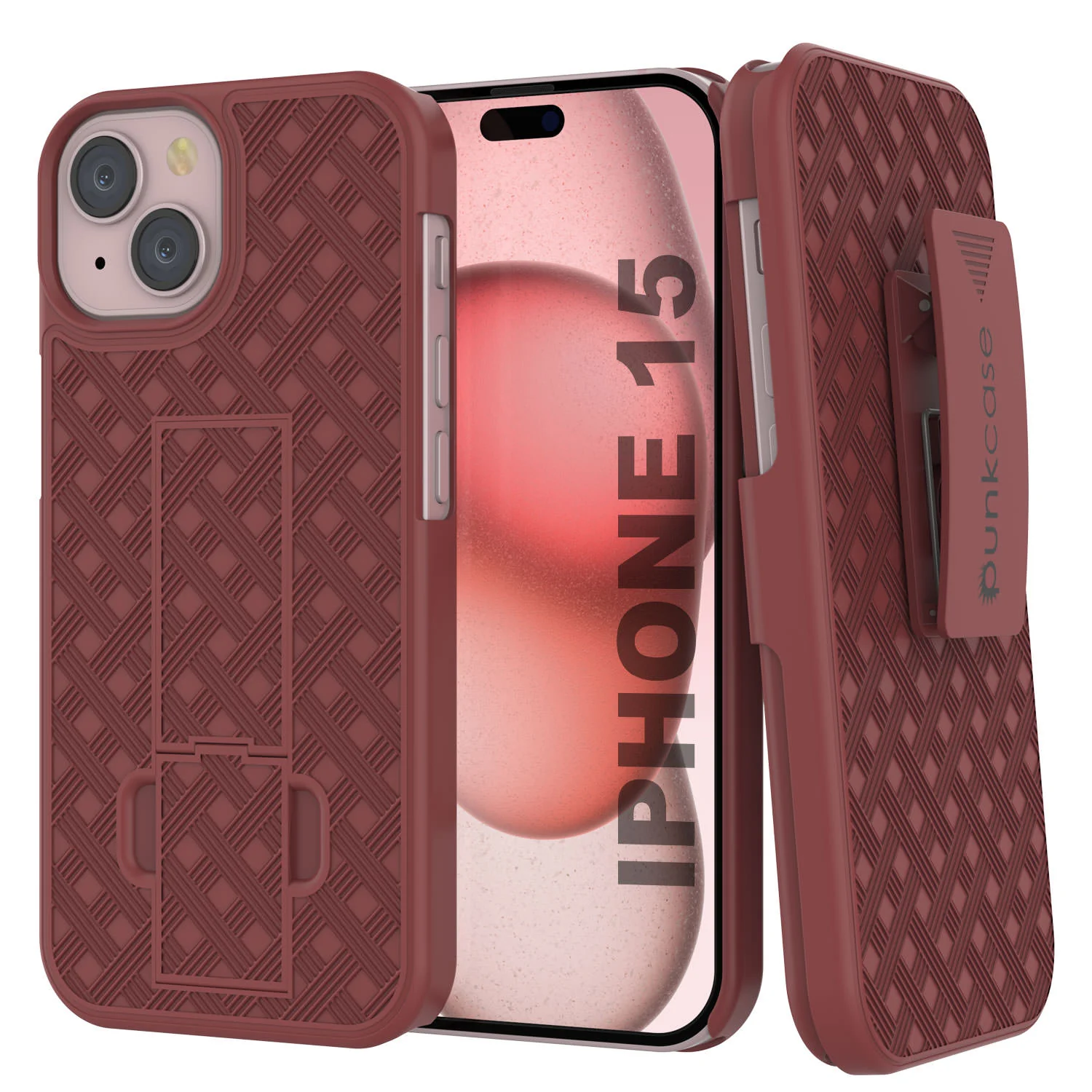 iPhone 15 Case With Tempered Glass Screen Protector, Holster Belt Clip & Built-In Kickstand [Red]