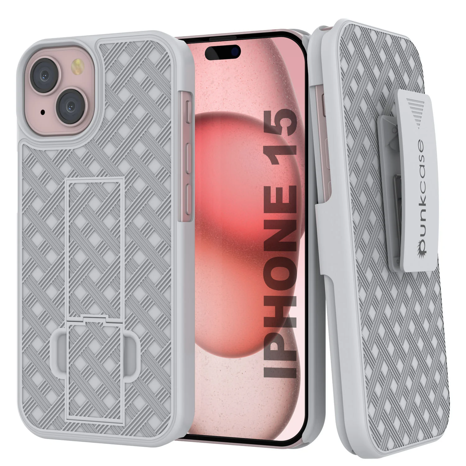 iPhone 15 Case With Tempered Glass Screen Protector, Holster Belt Clip & Built-In Kickstand [White]