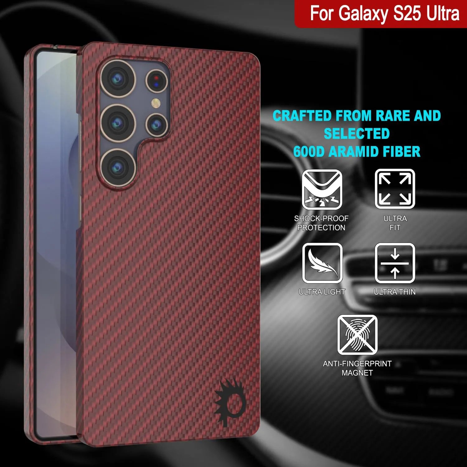Punkcase Galaxy S25 Ultra Carbon Fiber Case [AramidShield Series] Ultra Slim & Light Kevlar [Red]