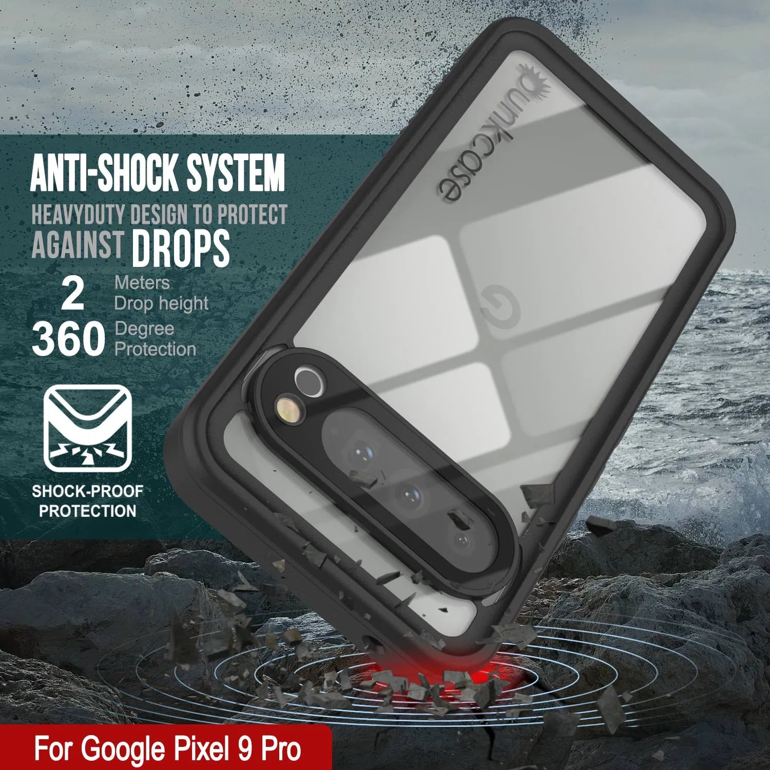 Google Pixel 9 Pro Waterproof Case, Punkcase [Extreme Series] Armor Cover W/ Built In Screen Protector [Black]