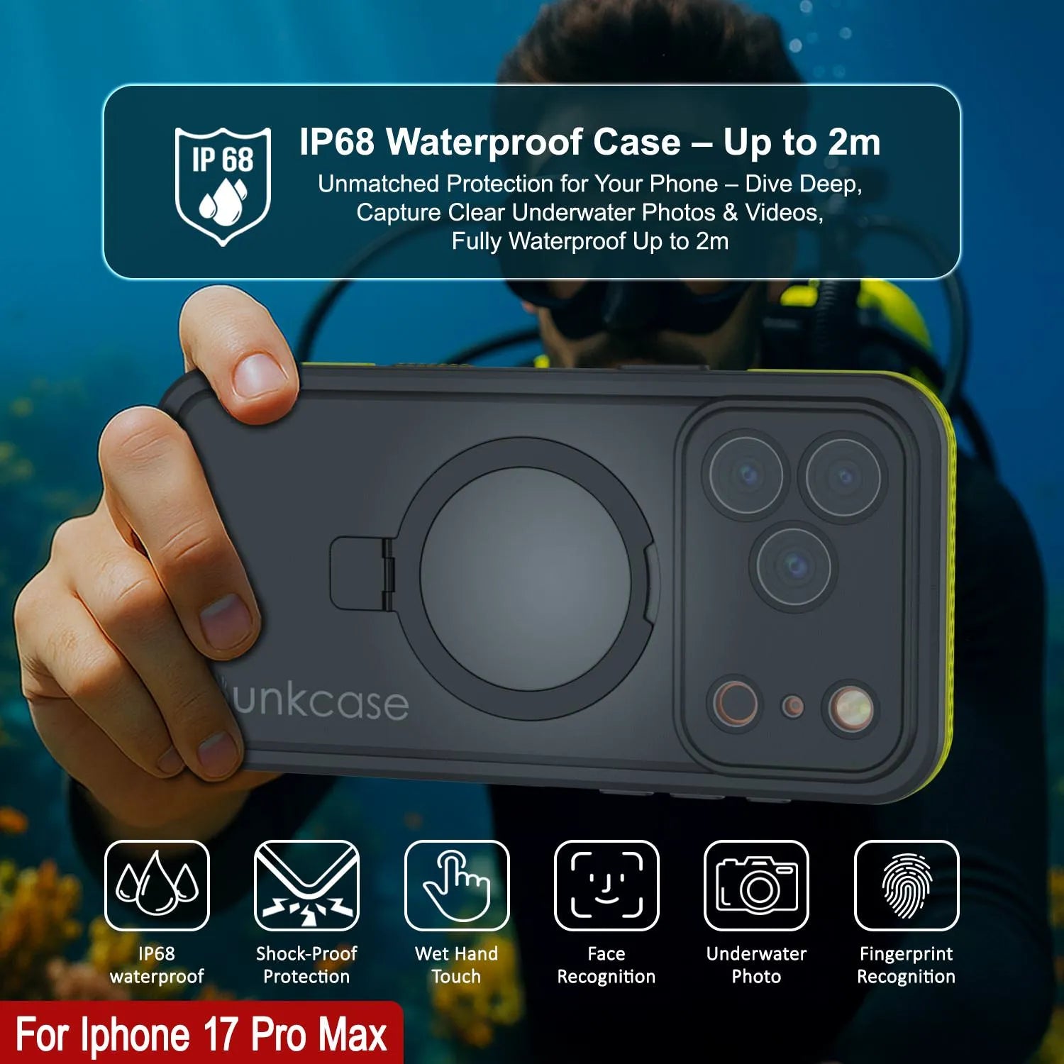 iPhone 17 Pro Max Waterproof Case [Kickstud 2.0 Series] Protective IP68 Cover W/Screen Protector & Kickstand [Yellow]