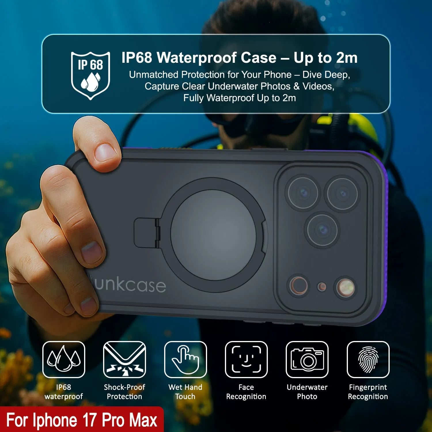 iPhone 17 Pro Max Waterproof Case [Kickstud 2.0 Series] Protective IP68 Cover W/Screen Protector & Kickstand [Purple]