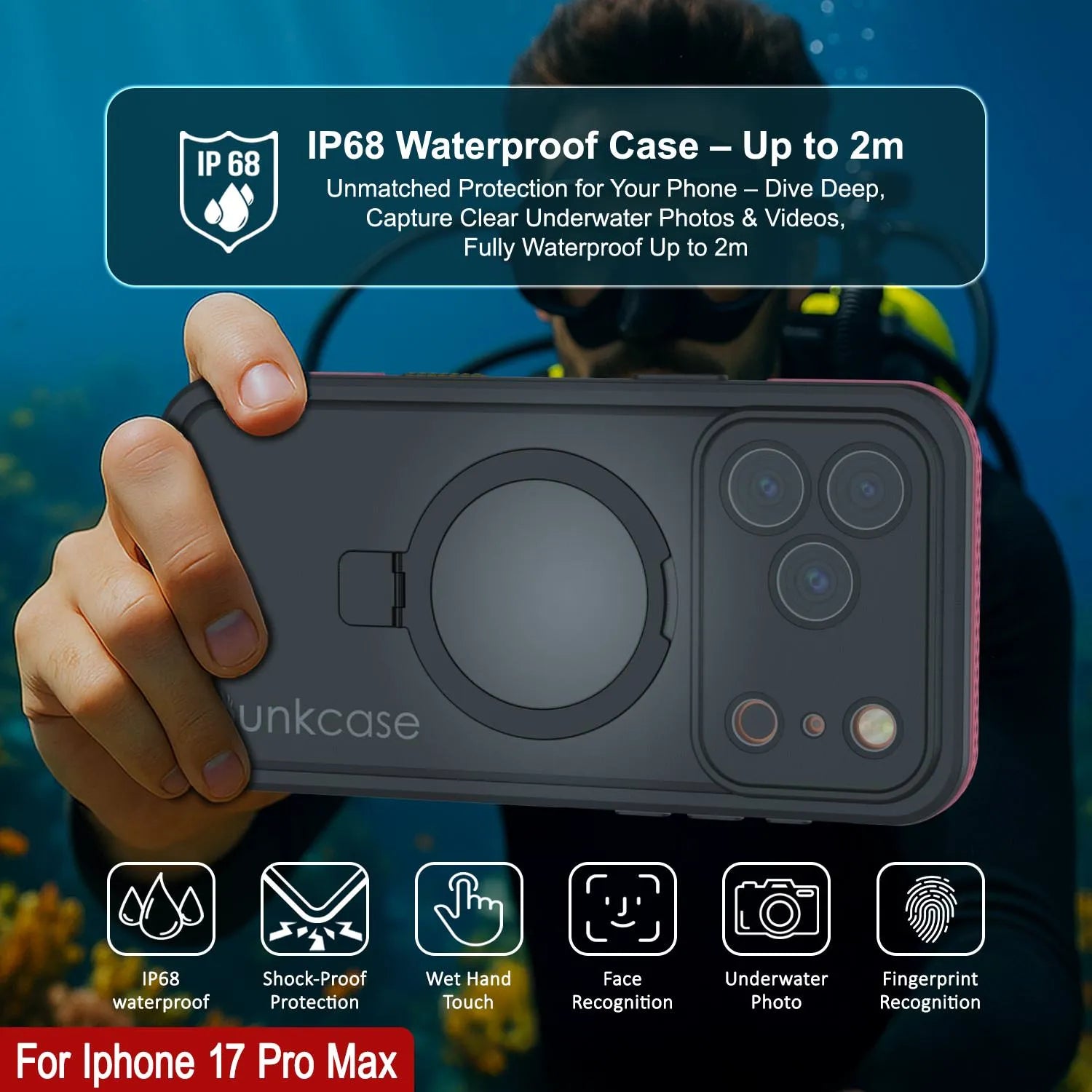 iPhone 17 Pro Max Waterproof Case [Kickstud 2.0 Series] Protective IP68 Cover W/Screen Protector & Kickstand [Pink]