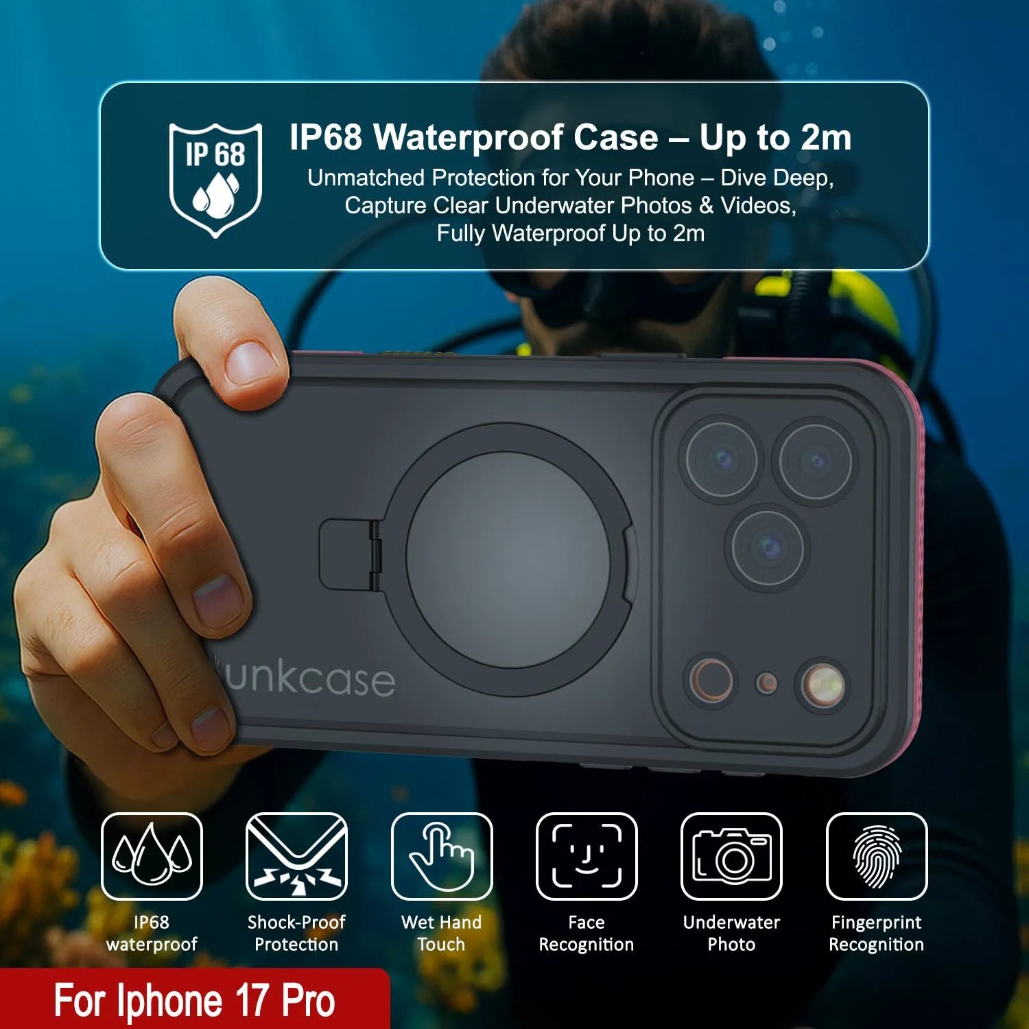 iPhone 17 pro Waterproof Case [Kickstud 2.0 Series] Protective IP68 Cover W/Screen Protector & Kickstand [Pink]