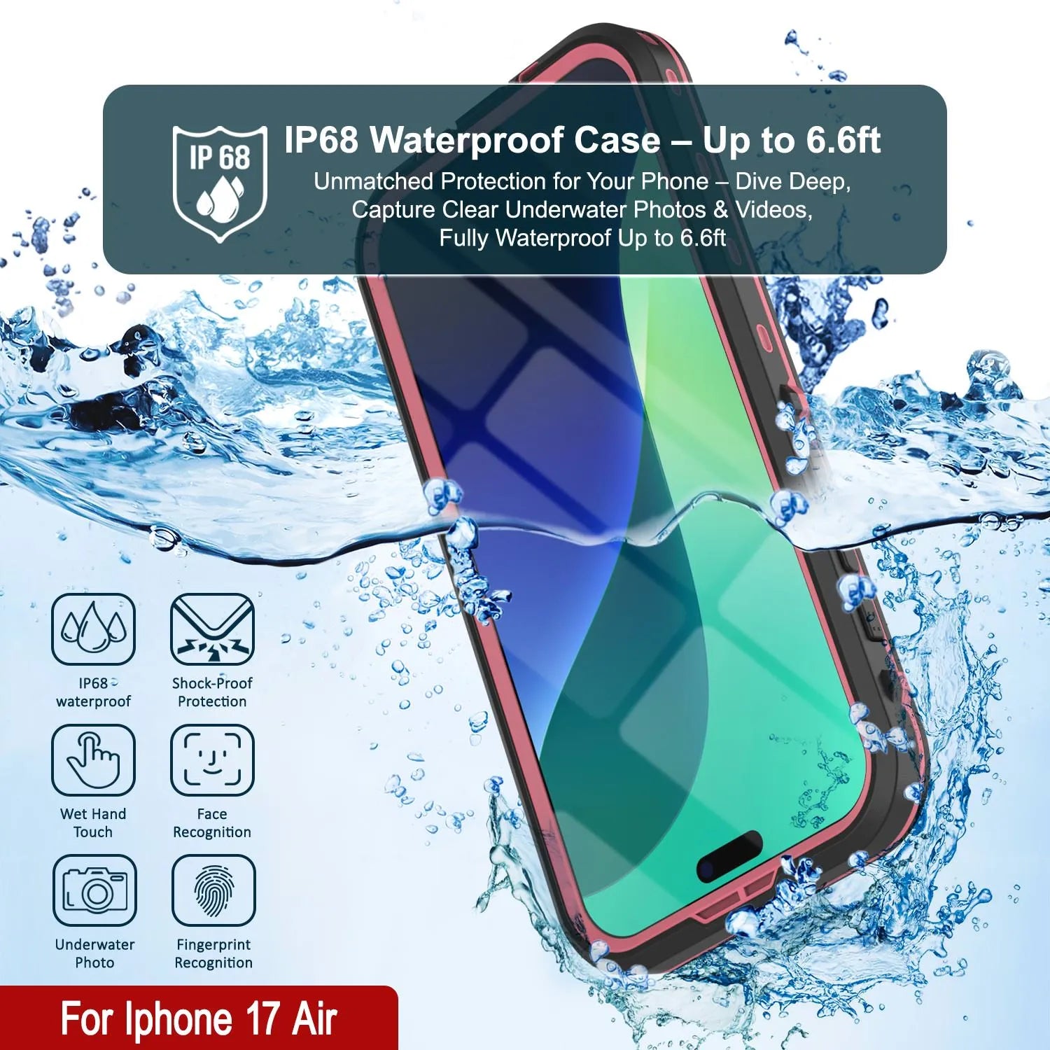 iPhone 17 Air Waterproof IP68 Case, Punkcase [Pink] [StudStar Series] [Slim Fit] [Dirtproof]