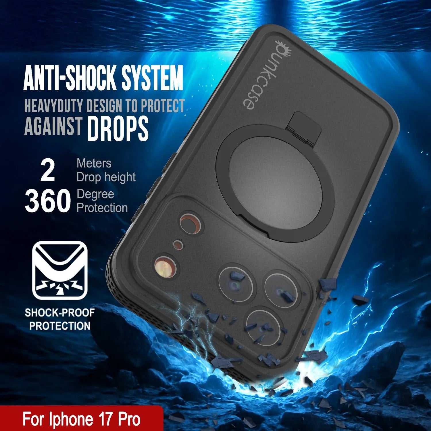iPhone 17 pro Waterproof Case [Kickstud 2.0 Series] Protective IP68 Cover W/Screen Protector & Kickstand [Black]
