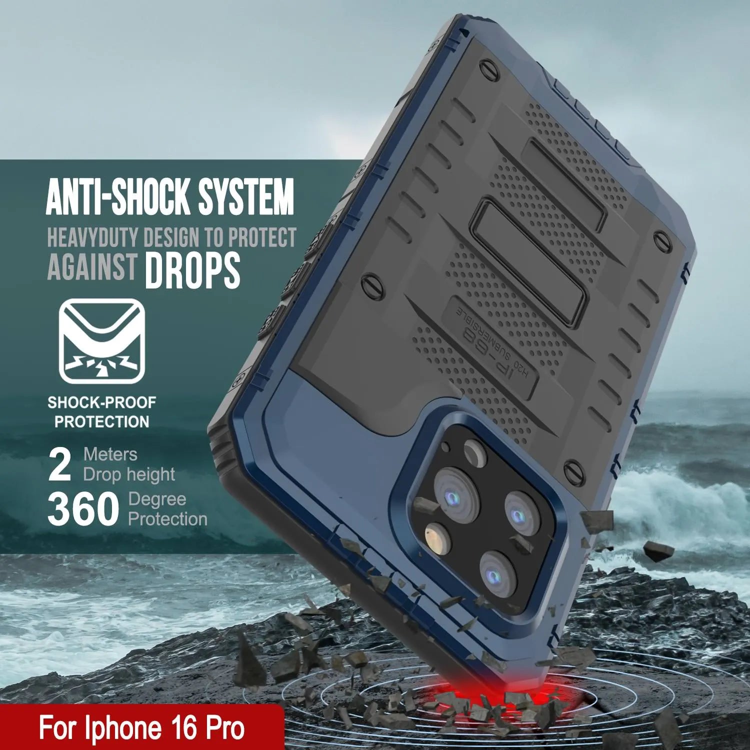 iPhone 16 Pro Metal Extreme 3.0 Series Aluminum Waterproof Case IP68 W/Buillt in Screen Protector & Kickstand [Blue]