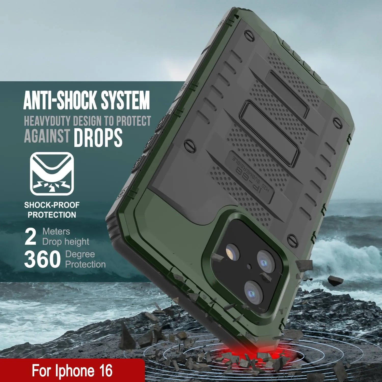 iPhone 16 Metal Extreme 3.0 Series Aluminum Waterproof Case IP68 W/Buillt in Screen Protector & Kickstand [Dark Green]