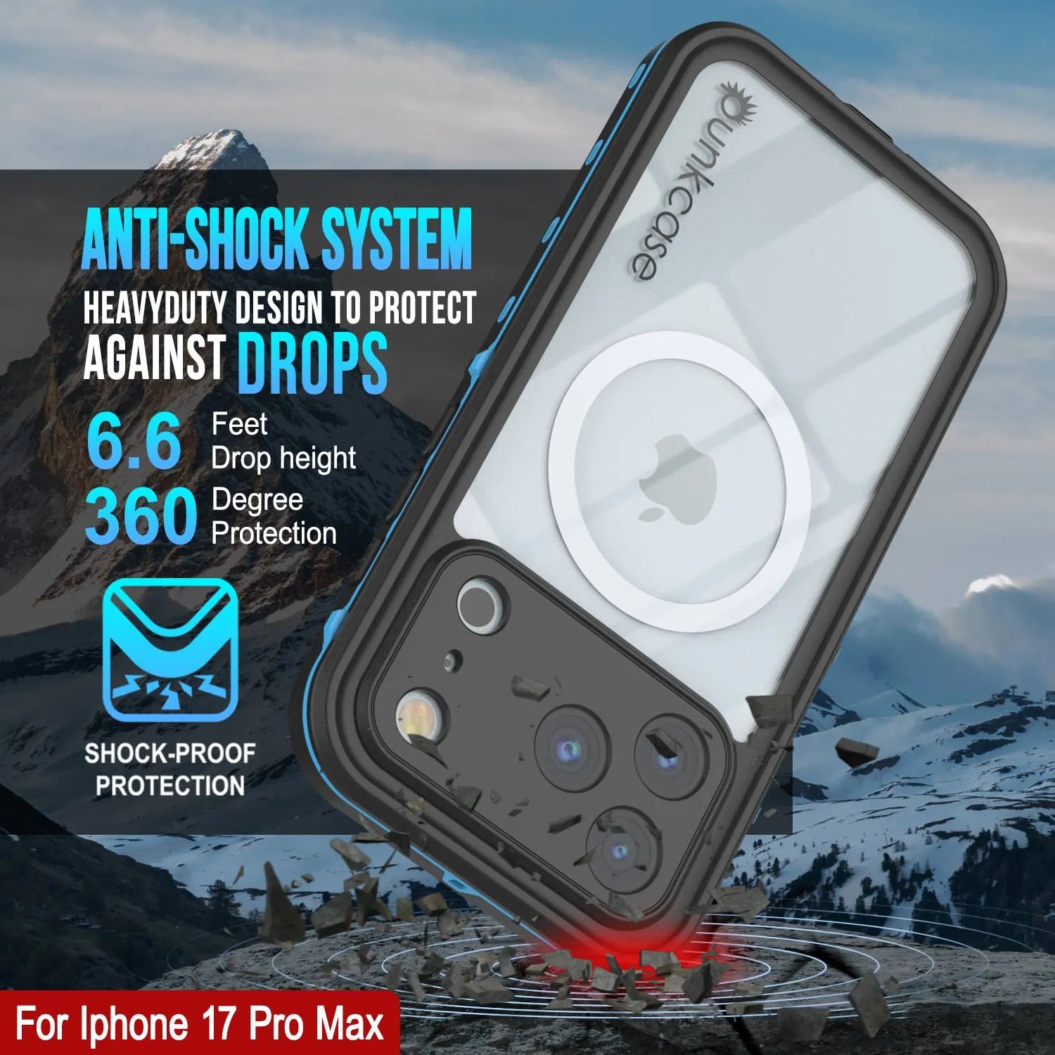 iPhone 17 Pro Max Waterproof IP68 Case, Punkcase [Light blue] [StudStar Series] [Slim Fit] [Dirtproof]