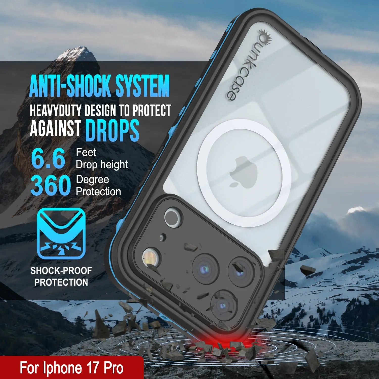 iPhone 17 Pro Waterproof IP68 Case, Punkcase [Light blue] [StudStar Series] [Slim Fit] [Dirtproof]