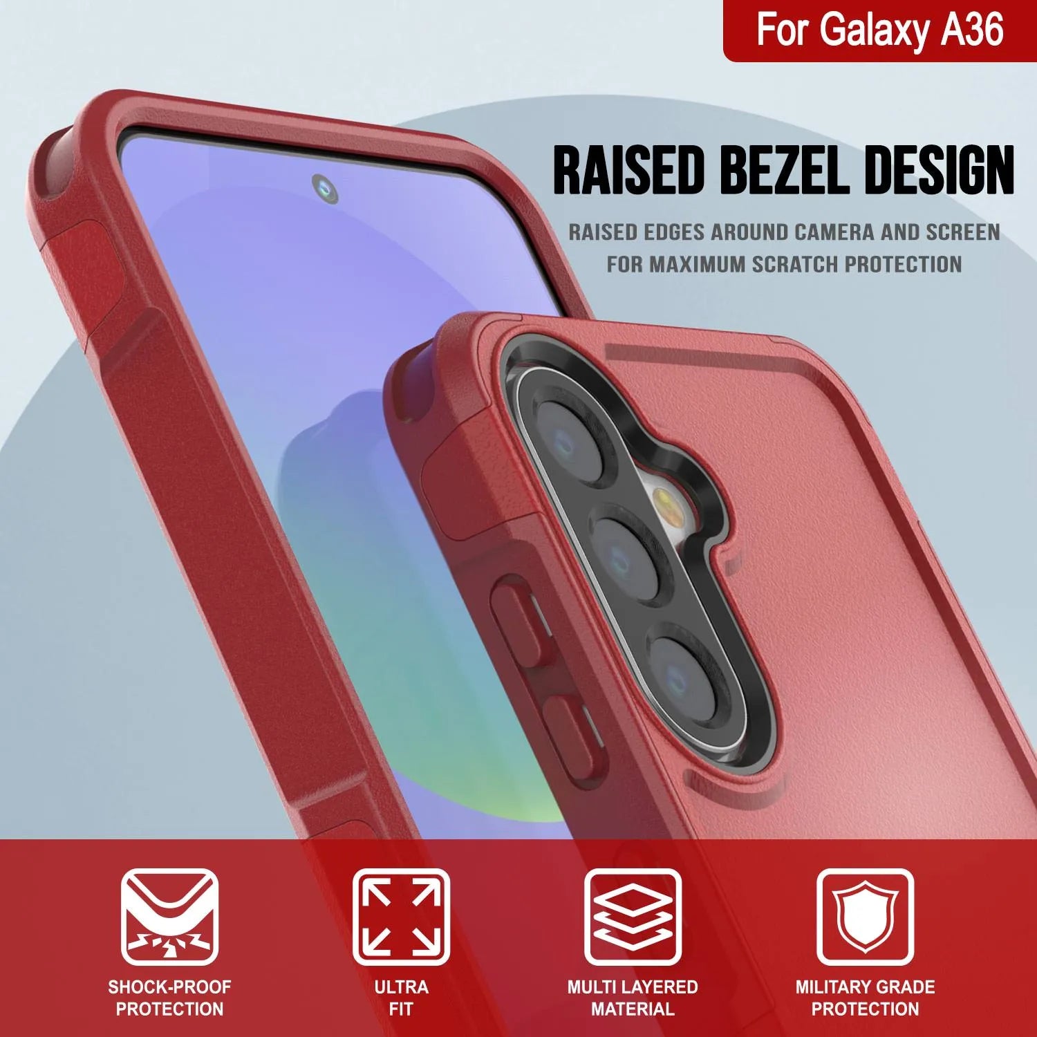 PunkCase Galaxy A36 Case, [Spartan 2.0 Series] Clear Rugged Heavy Duty Cover [Red]