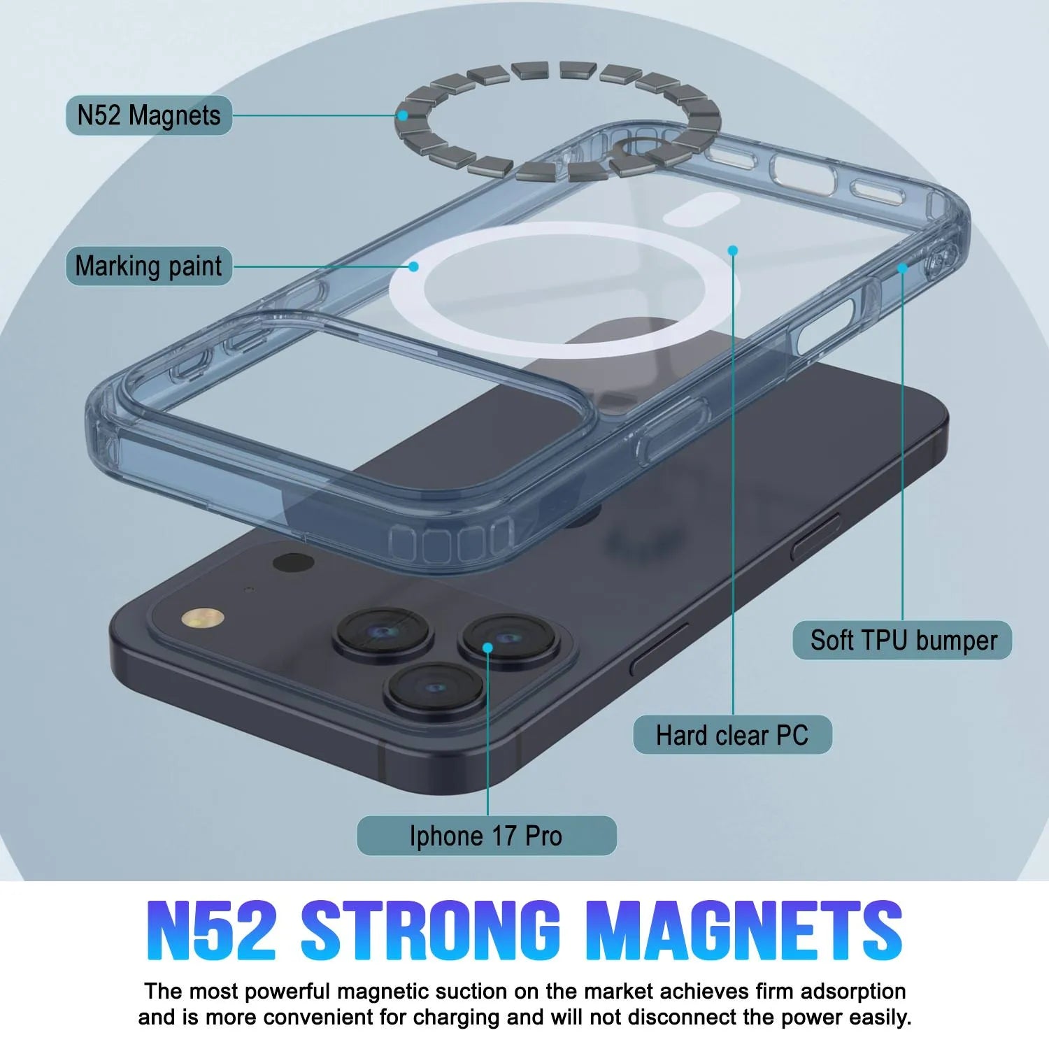 Punkcase iPhone 17 Pro Magnetic Wireless Charging Case [ClearMag Series][Navy]