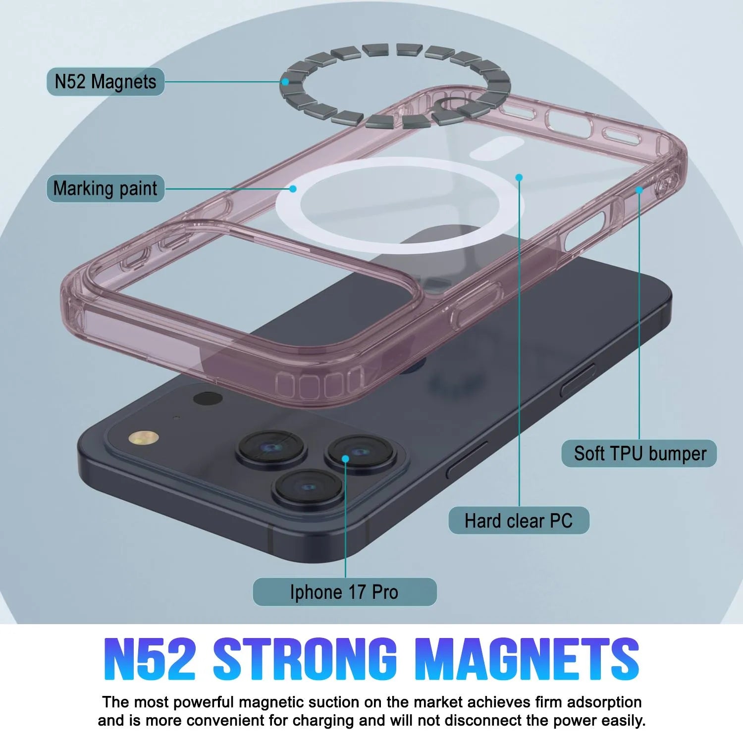 Punkcase iPhone 17 Pro Magnetic Wireless Charging Case [ClearMag Series][Rose]