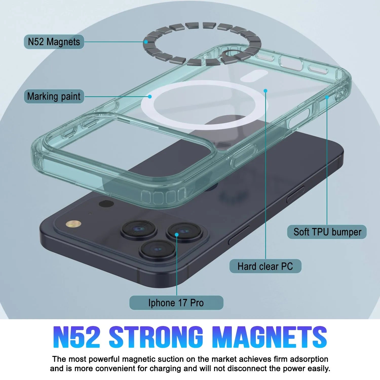 Punkcase iPhone 17 Pro Magnetic Wireless Charging Case [ClearMag Series][Teal]