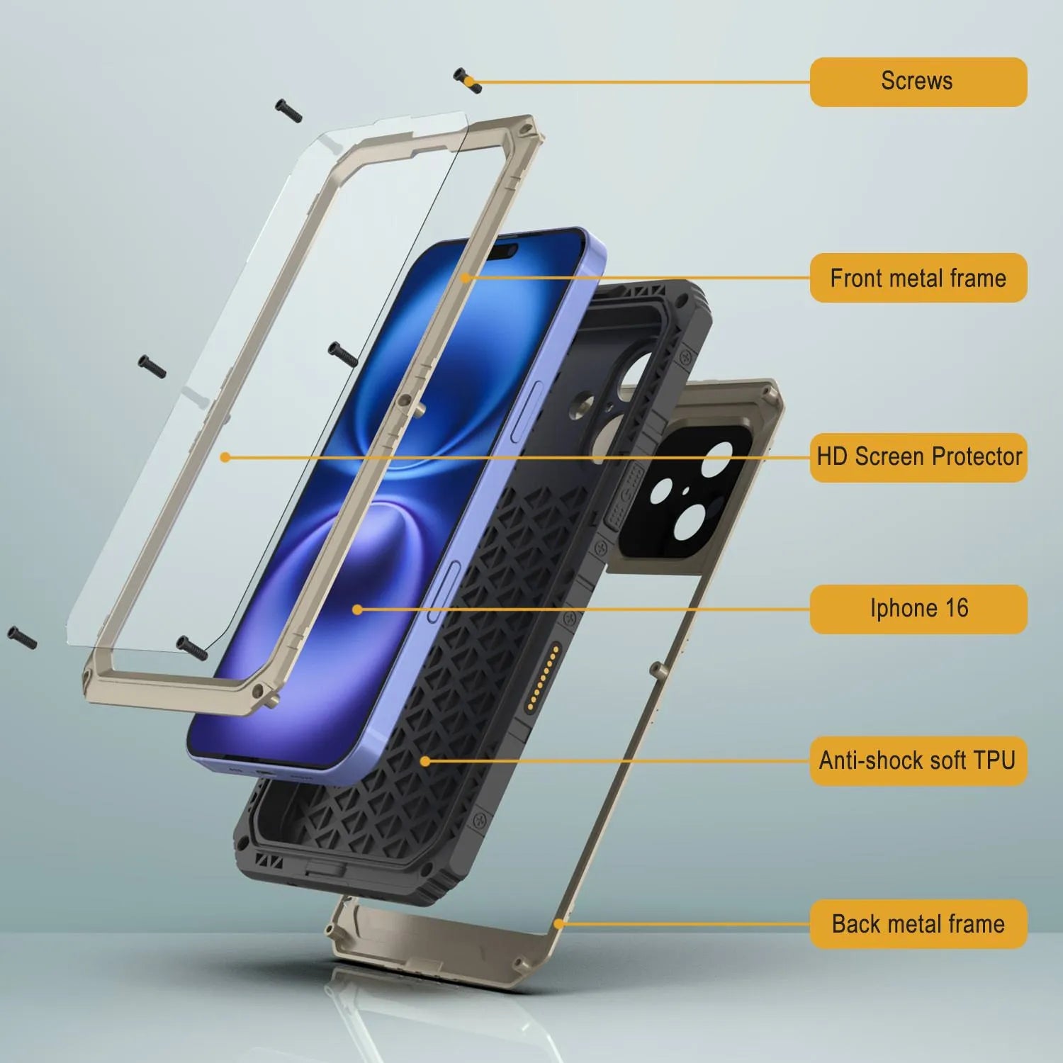 iPhone 16 Metal Extreme 3.0 Series Aluminum Waterproof Case IP68 W/Buillt in Screen Protector & Kickstand [Gold]