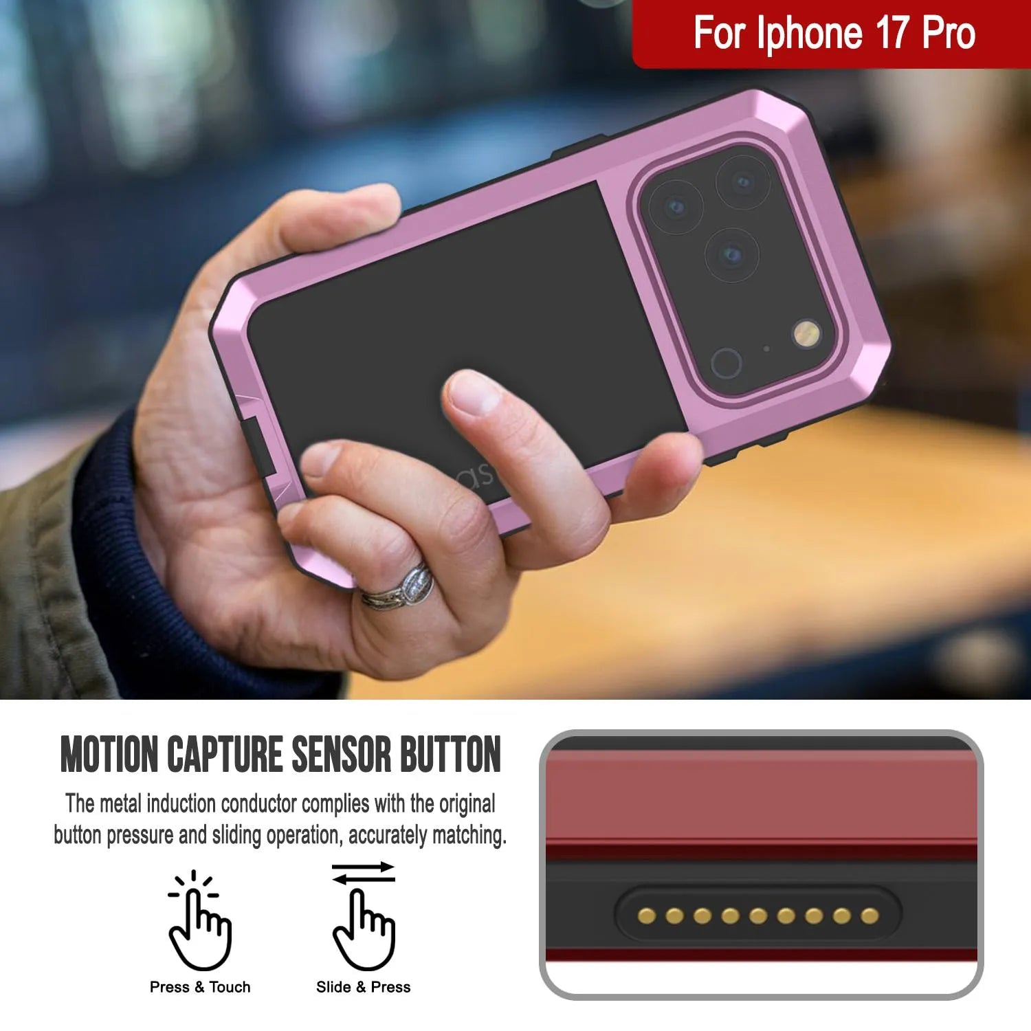 iPhone 17 Pro Metal Case, Heavy Duty Military Grade Armor Cover [shock proof] Full Body Hard [Pink]