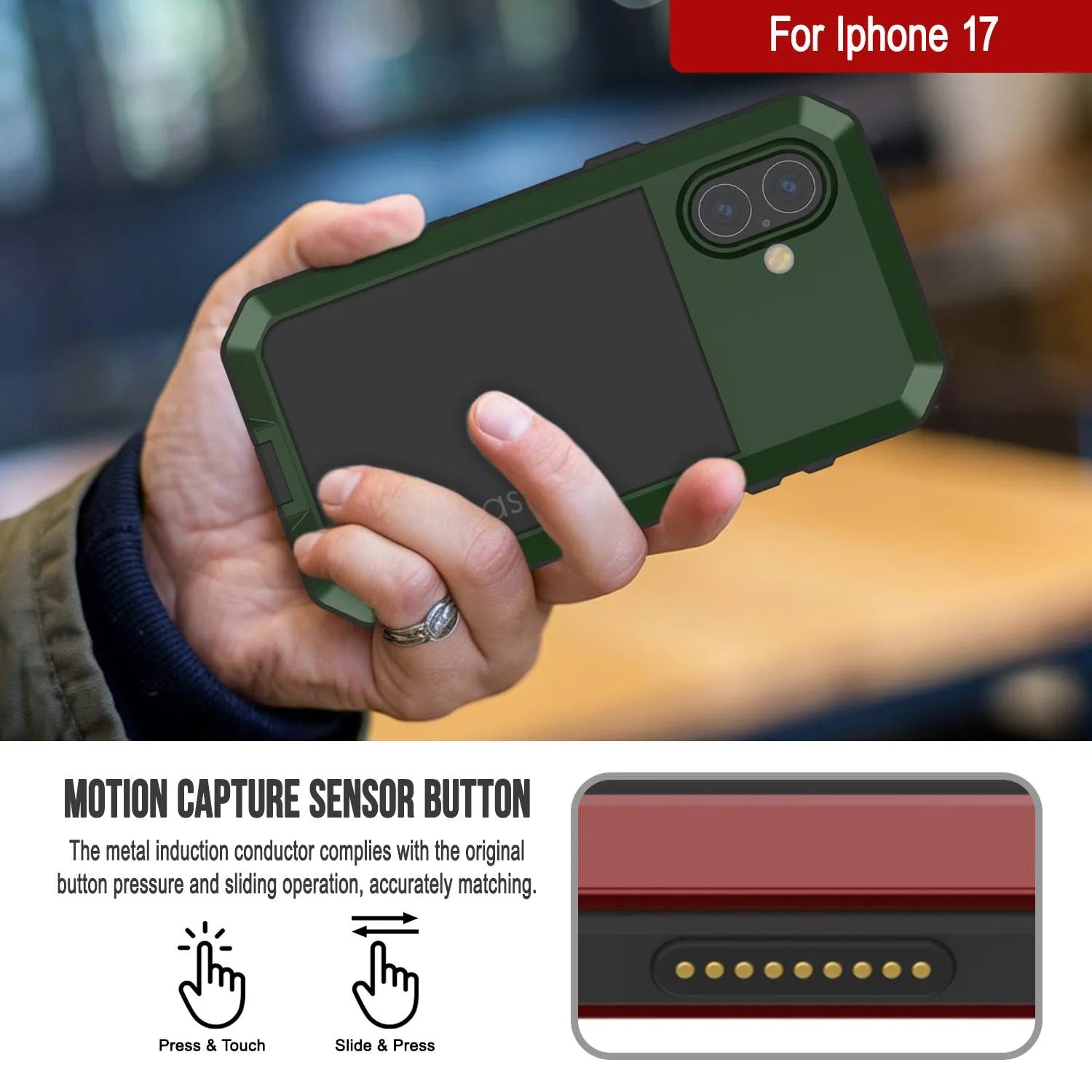 iPhone 17 Metal Case, Heavy Duty Military Grade Armor Cover [shock proof] Full Body Hard [Dark Green]
