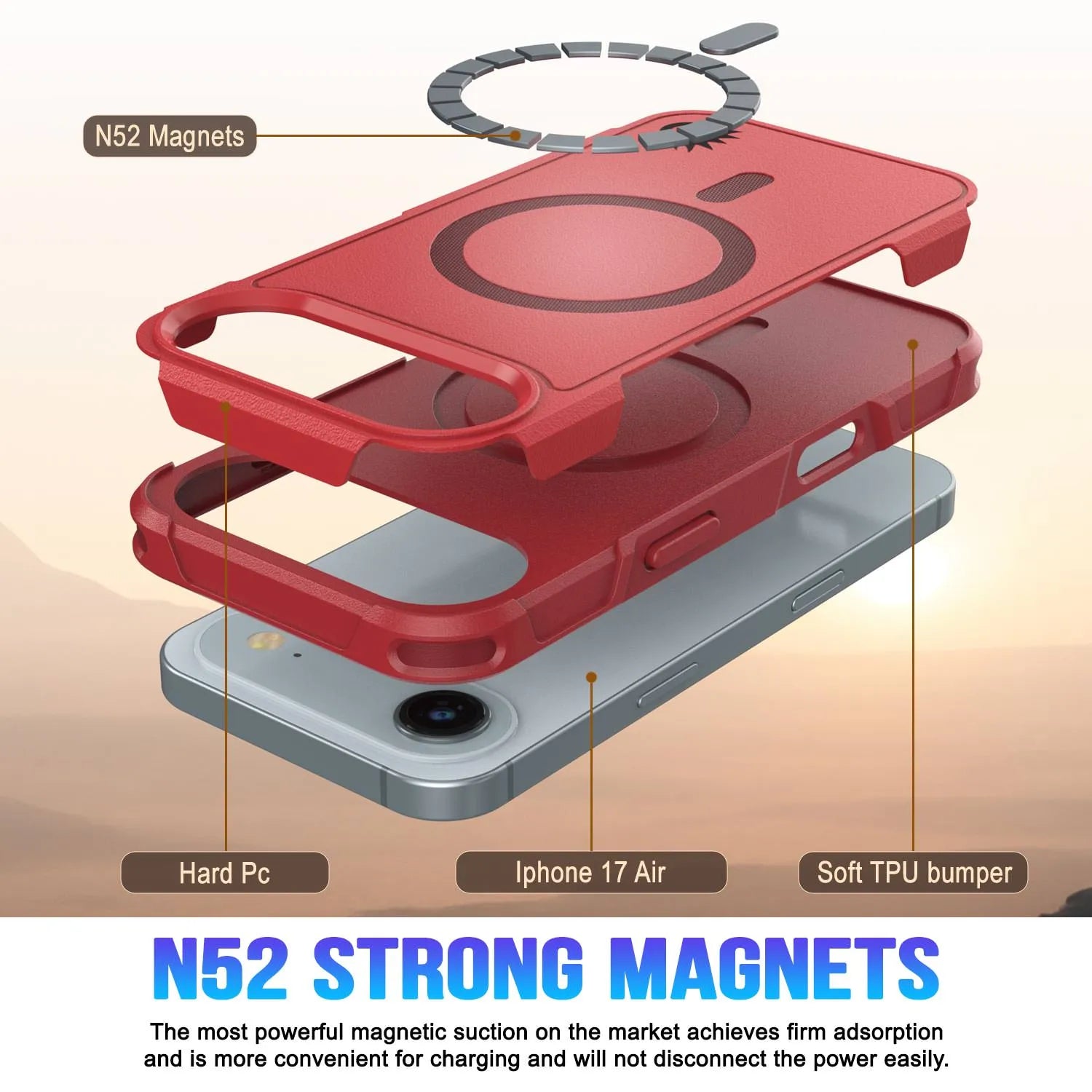 PunkCase iPhone 17 Air Case, [Spartan 2.0 Series] Clear Rugged Heavy Duty Cover W/Built in Screen Protector [red]