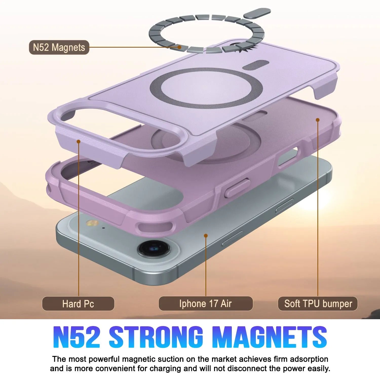 PunkCase iPhone 17 Air Case, [Spartan 2.0 Series] Clear Rugged Heavy Duty Cover W/Built in Screen Protector [lilac]