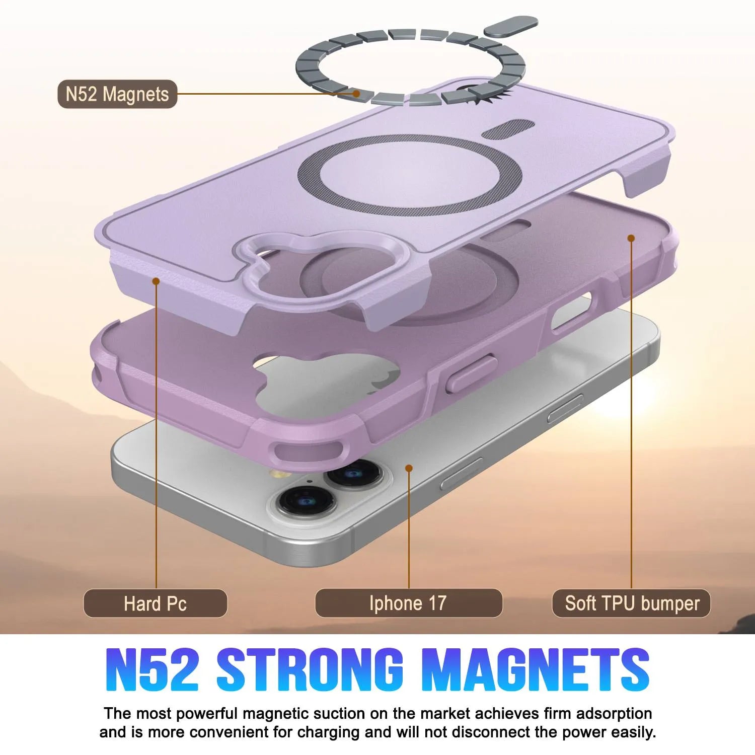 PunkCase iPhone 17 Case, [Spartan 2.0 Series] Clear Rugged Heavy Duty Cover W/Built in Screen Protector [lilac]