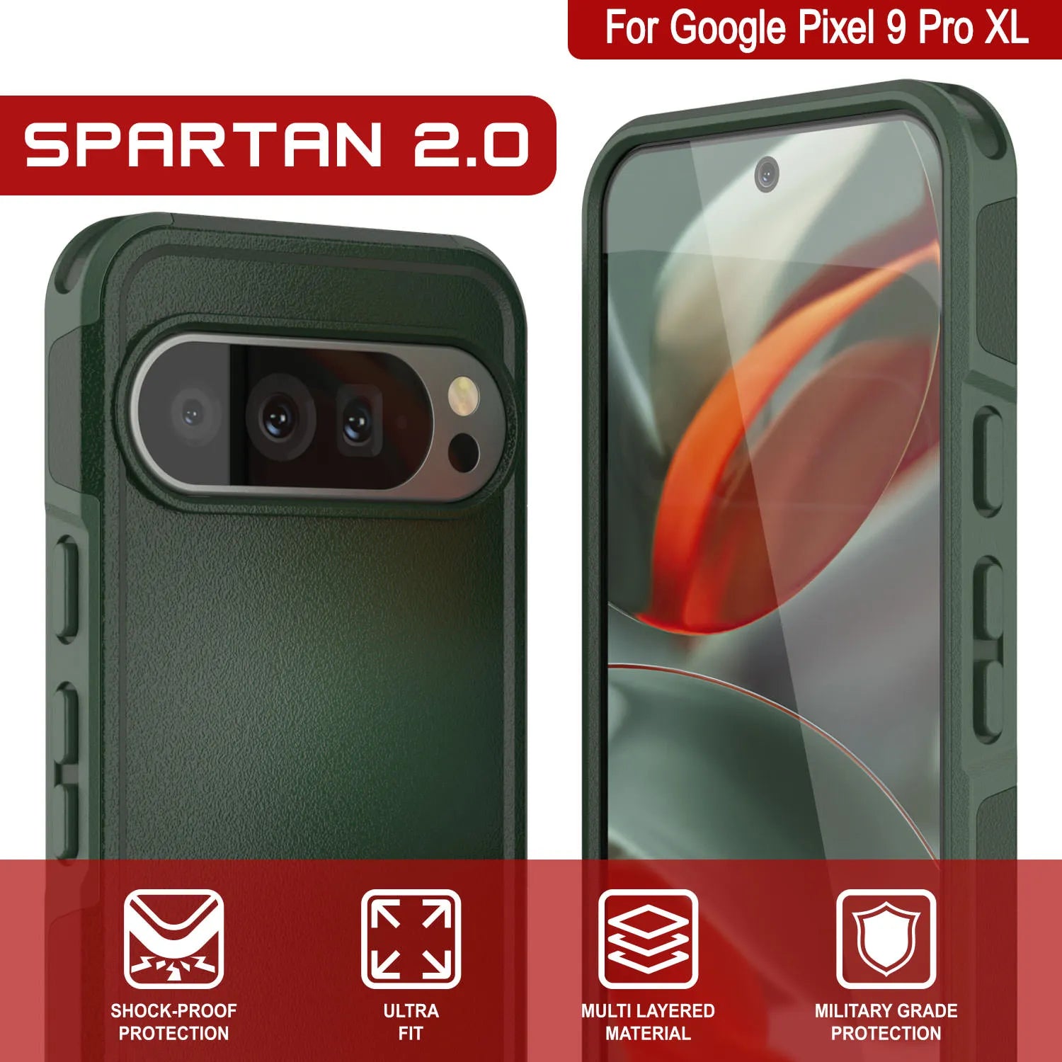 PunkCase Google Pixel 9 Pro XL Case, [Spartan 2.0 Series] Clear Rugged Heavy Duty Cover W/Built in Screen Protector [Dark Green]