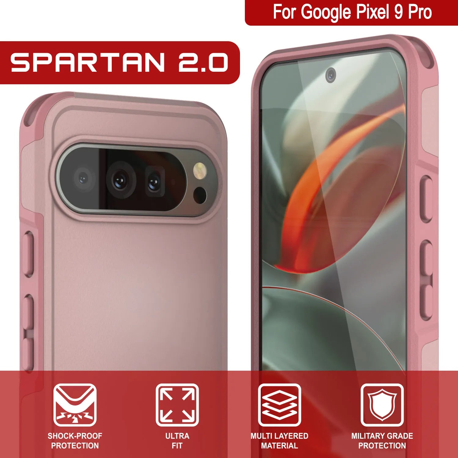 PunkCase Google Pixel 9 Pro Case, [Spartan 2.0 Series] Clear Rugged Heavy Duty Cover W/Built in Screen Protector [Pink]