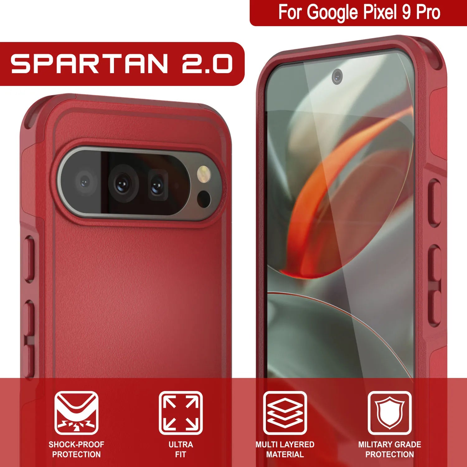 PunkCase Google Pixel 9 Pro Case, [Spartan 2.0 Series] Clear Rugged Heavy Duty Cover W/Built in Screen Protector [Red]