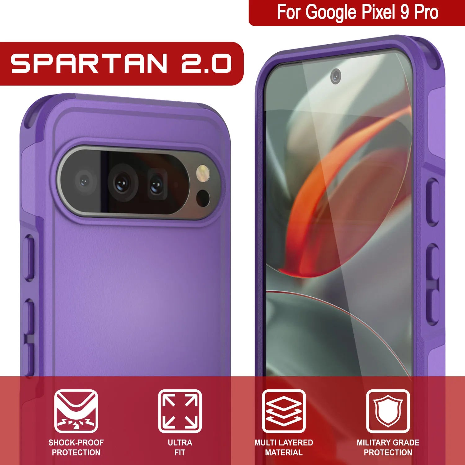 PunkCase Google Pixel 9 Pro Case, [Spartan 2.0 Series] Clear Rugged Heavy Duty Cover W/Built in Screen Protector [Purple]