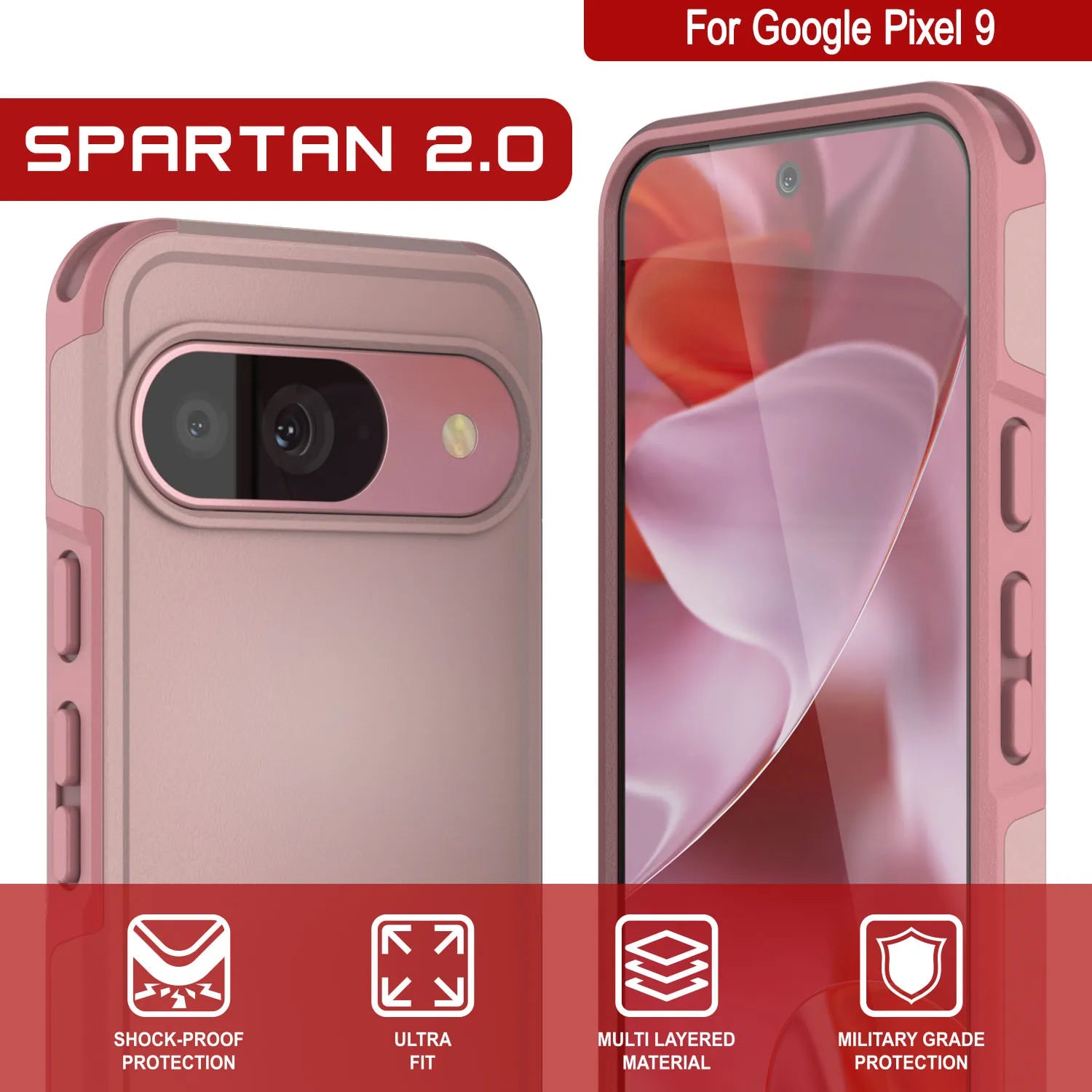 PunkCase Google Pixel 9 Case, [Spartan 2.0 Series] Clear Rugged Heavy Duty Cover W/Built in Screen Protector [Pink]