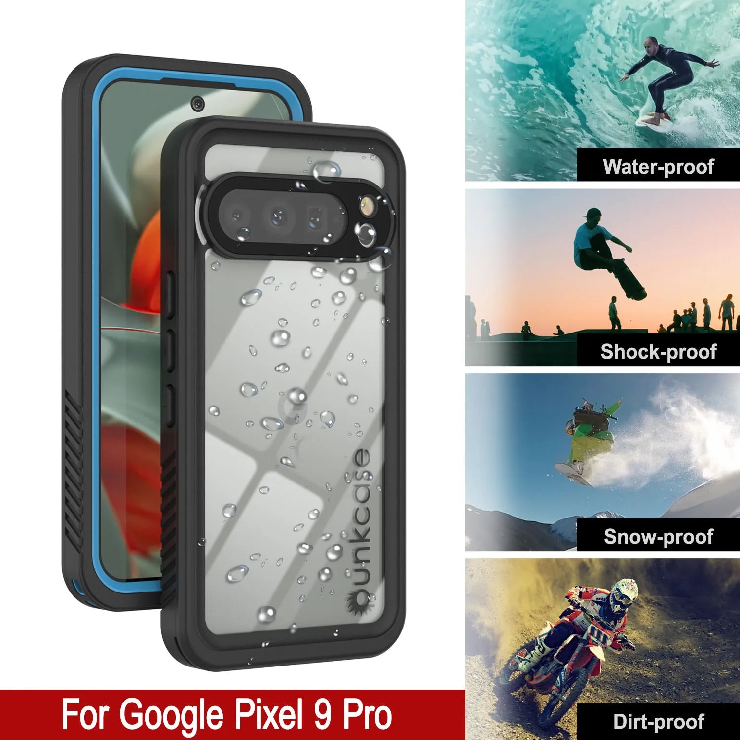Google Pixel 9 Pro Waterproof Case, Punkcase [Extreme Series] Armor Cover W/ Built In Screen Protector [Light Blue]