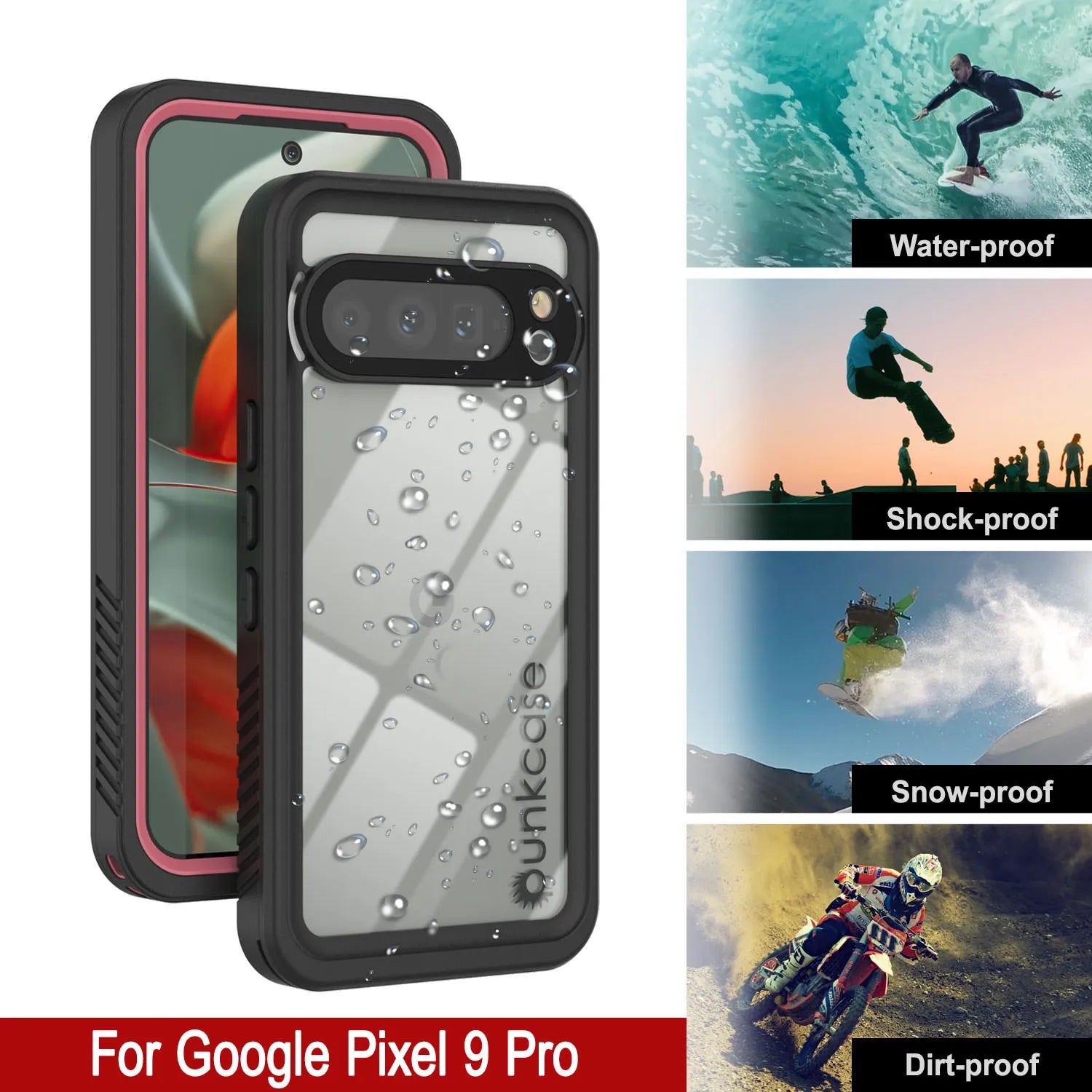 Google Pixel 9 Pro Waterproof Case, Punkcase [Extreme Series] Armor Cover W/ Built In Screen Protector [Pink]
