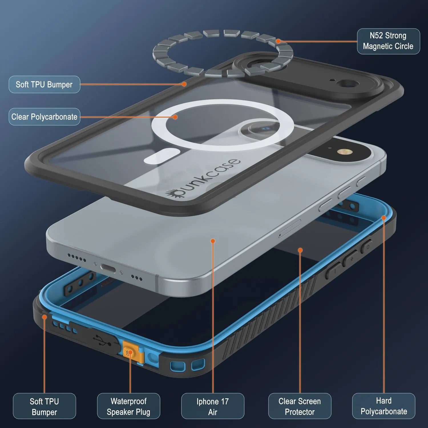 iPhone 17 Air Waterproof Case, Punkcase [Extreme Series] Armor Cover W/ Built In Screen Protector [Navy Blue]