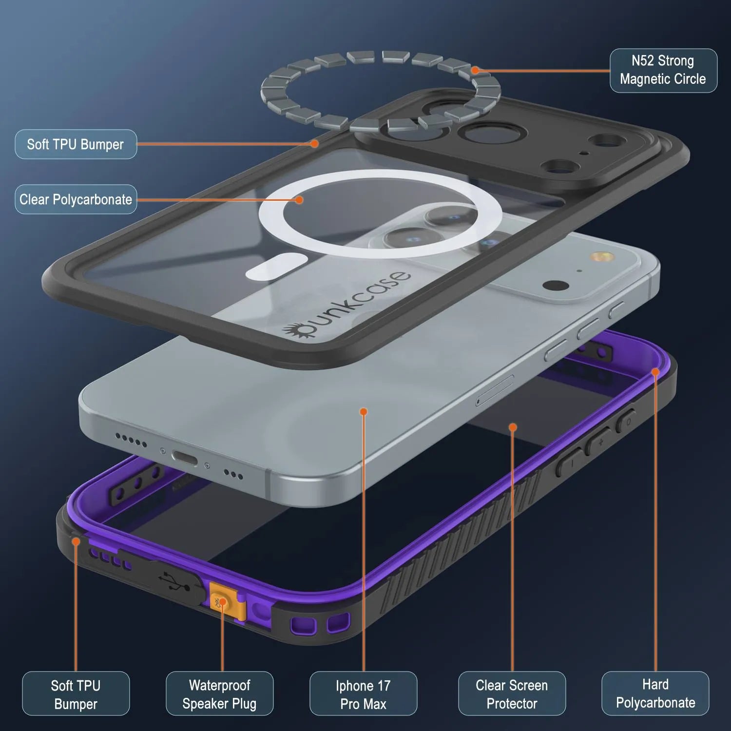 Products iPhone 17 Pro Max Waterproof Case, Punkcase [Extreme Mag Series] Armor Cover W/ Built In Screen Protector [Purple]