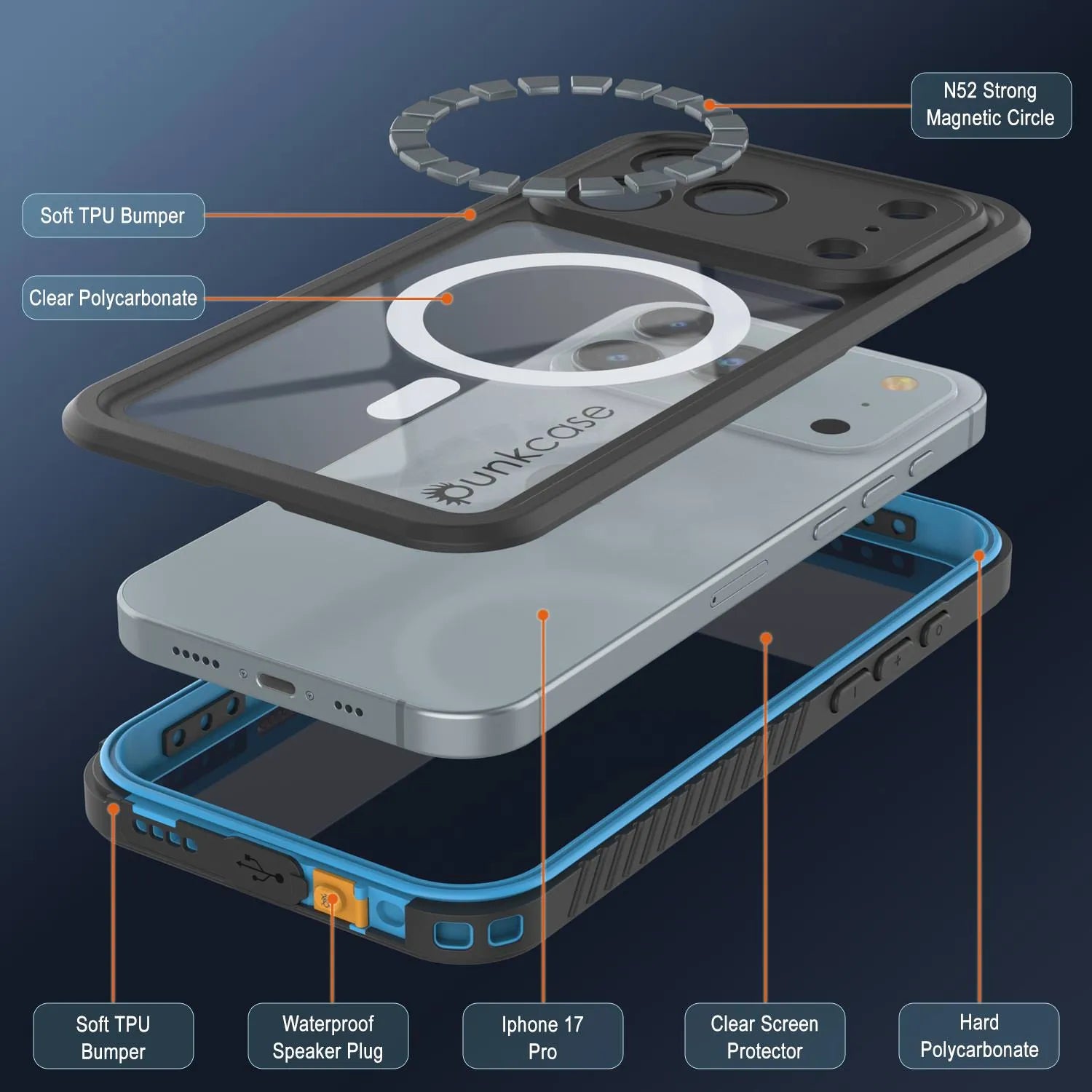 iPhone 17 Pro Waterproof Case, Punkcase [Extreme Series] Armor Cover W/ Built In Screen Protector [Light Blue]