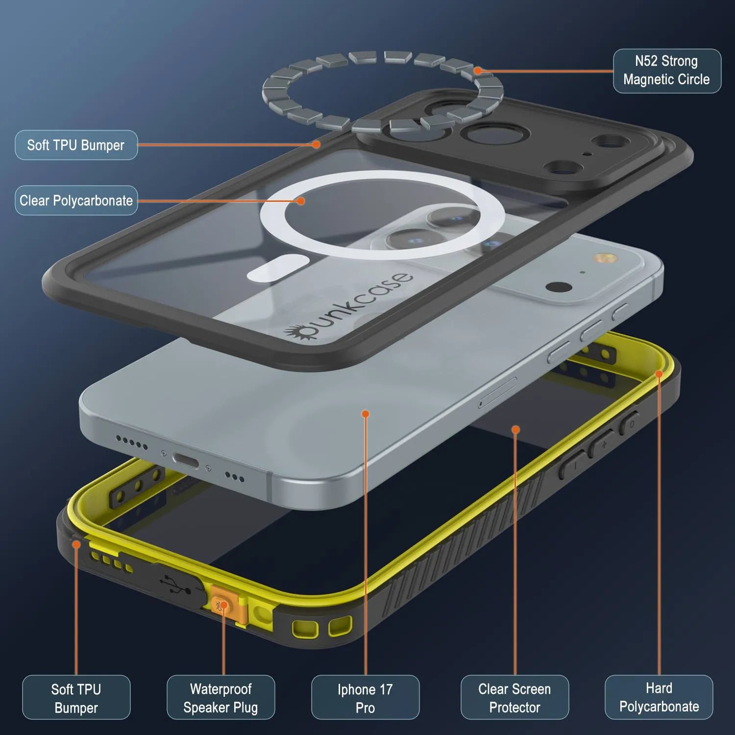 iPhone 17 Pro Waterproof Case, Punkcase [Extreme Series] Armor Cover W/ Built In Screen Protector [Yellow]