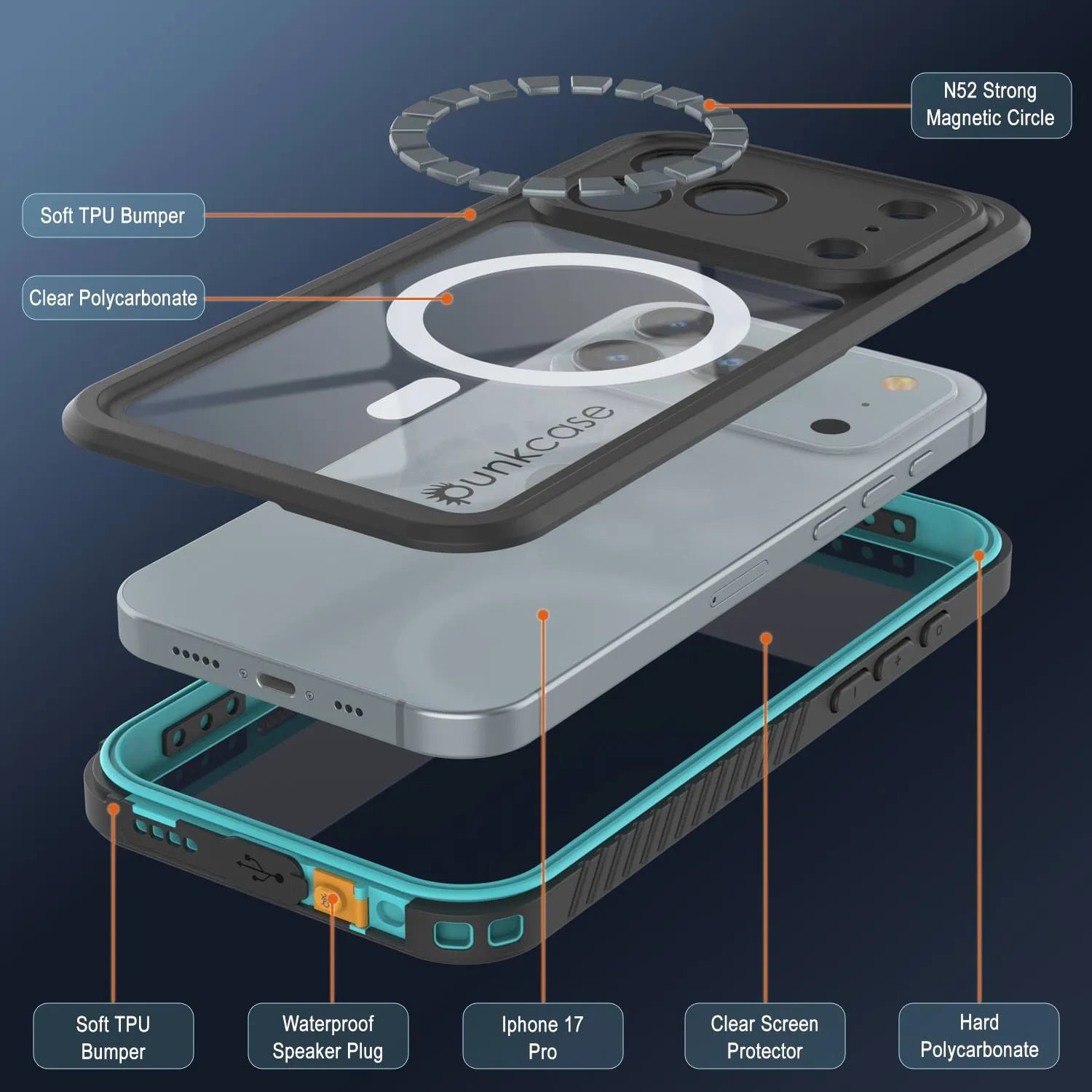 iPhone 17 Pro Waterproof Case, Punkcase [Extreme Series] Armor Cover W/ Built In Screen Protector [Teal]