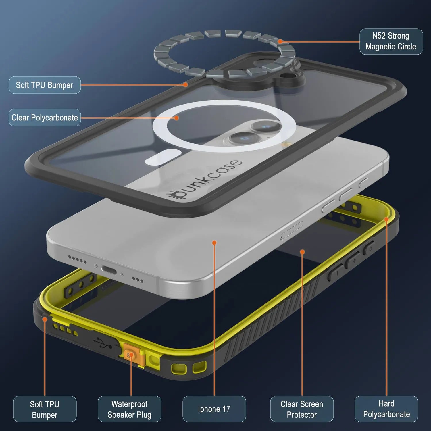 iPhone 17  Waterproof Case, Punkcase [Extreme Mag Series] Armor Cover W/ Built In Screen Protector [Yellow]