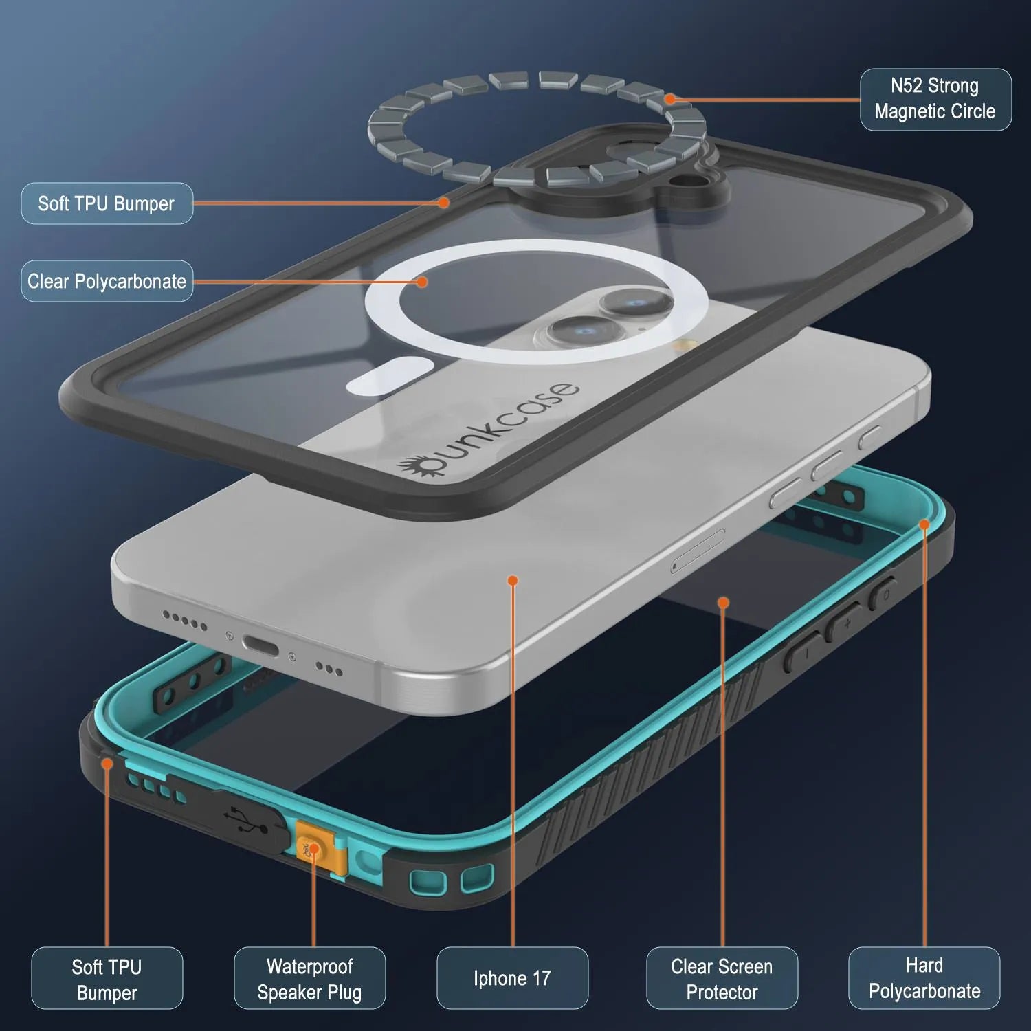 iPhone 17 Waterproof Case, Punkcase [Extreme Series] Armor Cover W/ Built In Screen Protector [Teal]
