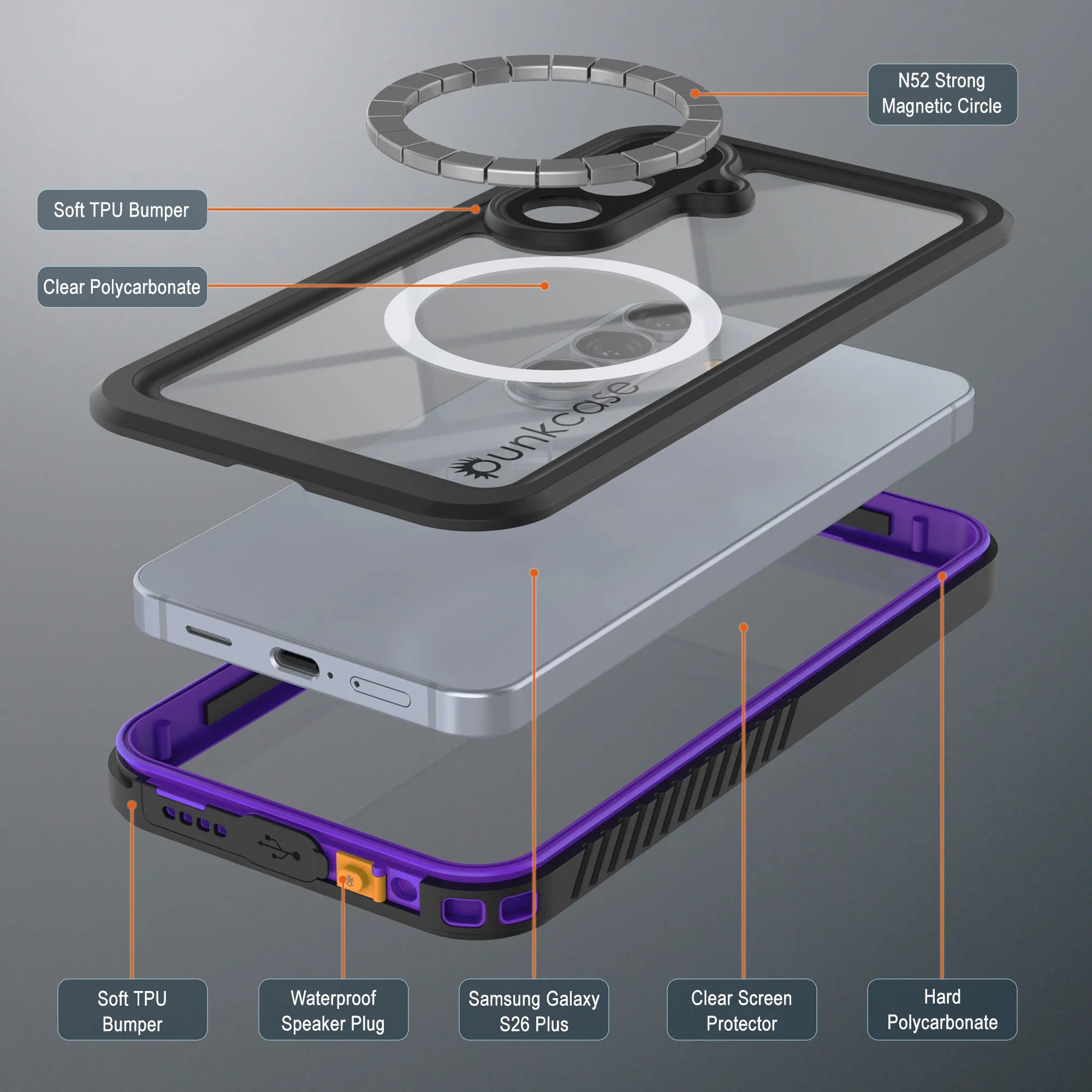 Galaxy S26 Plus Waterproof Case, Punkcase [Extreme Mag Series] Armor Cover W/ Built In Screen Protector [Grey]