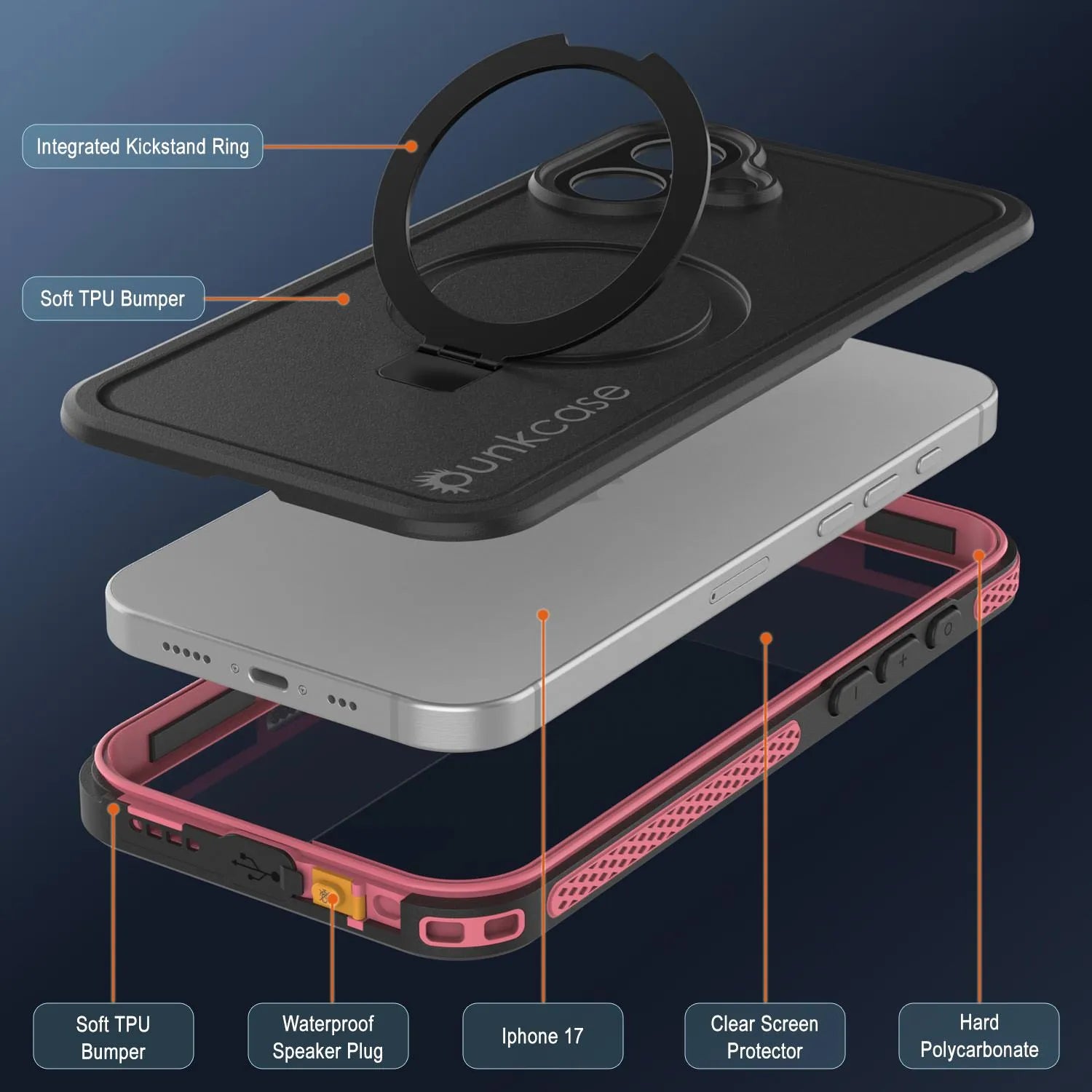 iPhone 17 Waterproof Case [Kickstud 2.0 Series] Protective IP68 Cover W/Screen Protector & Kickstand [Pink]