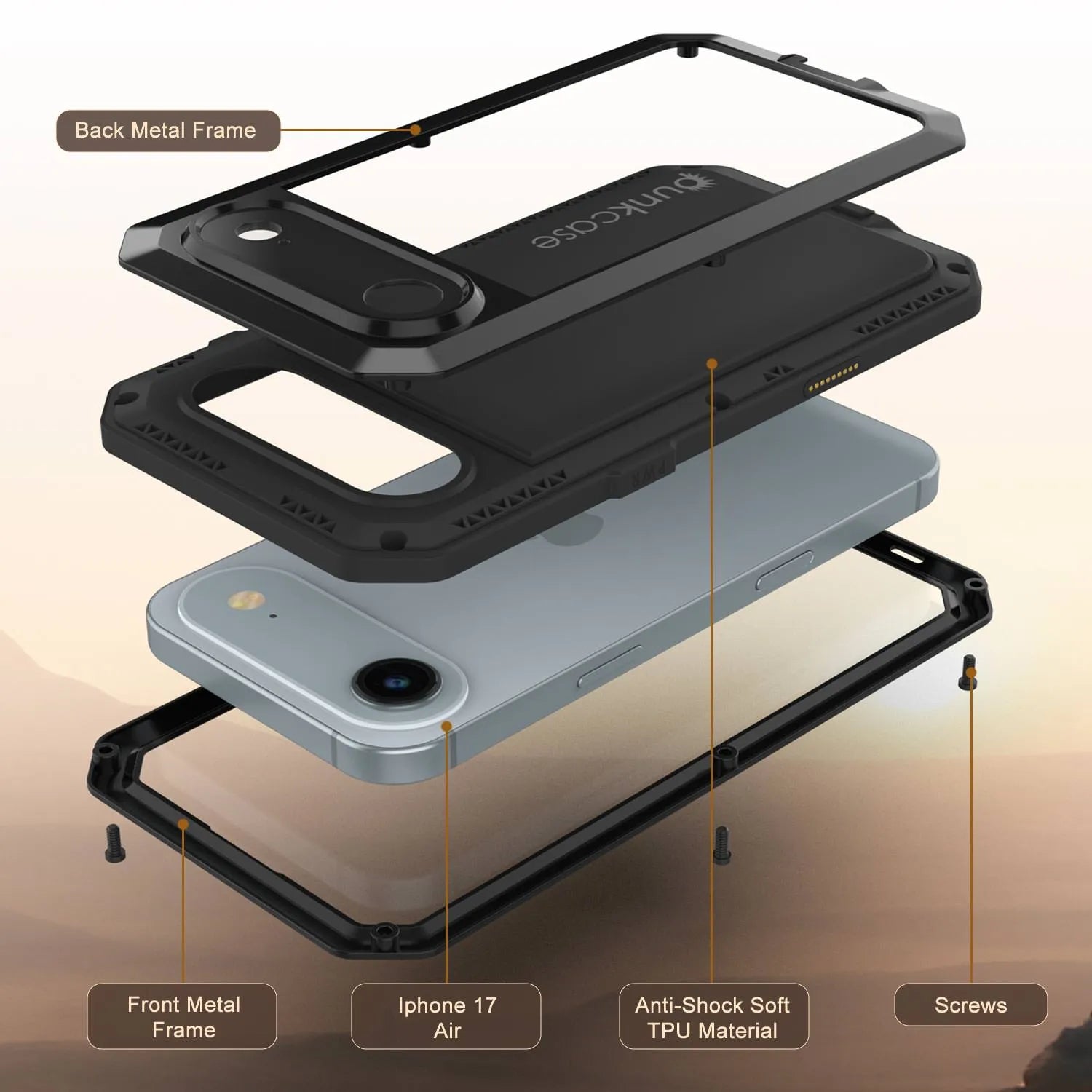 iPhone 17 Air Metal Case, Heavy Duty Military Grade Armor Cover [shock proof] Full Body Hard [Black]