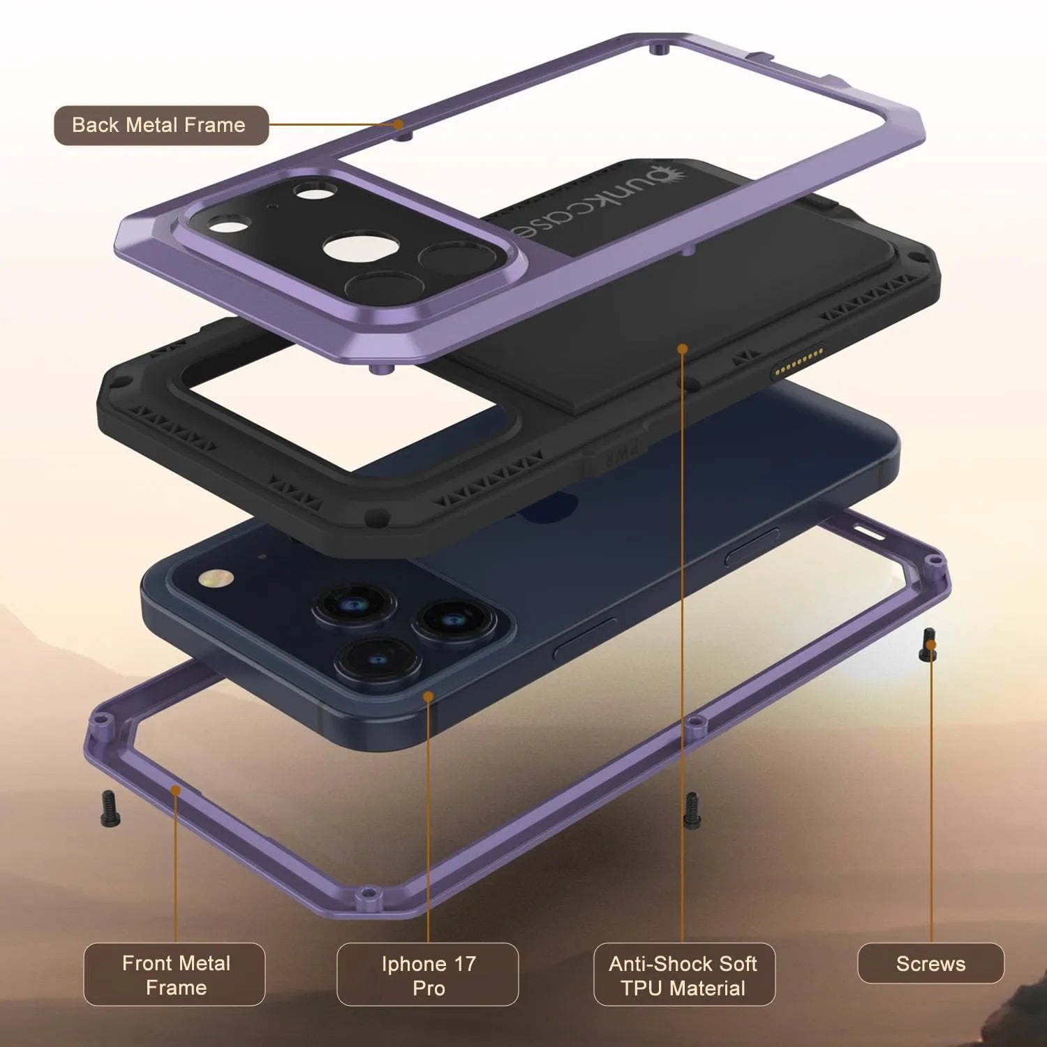 iPhone 17 Pro Metal Case, Heavy Duty Military Grade Armor Cover [shock proof] Full Body Hard [Purple]