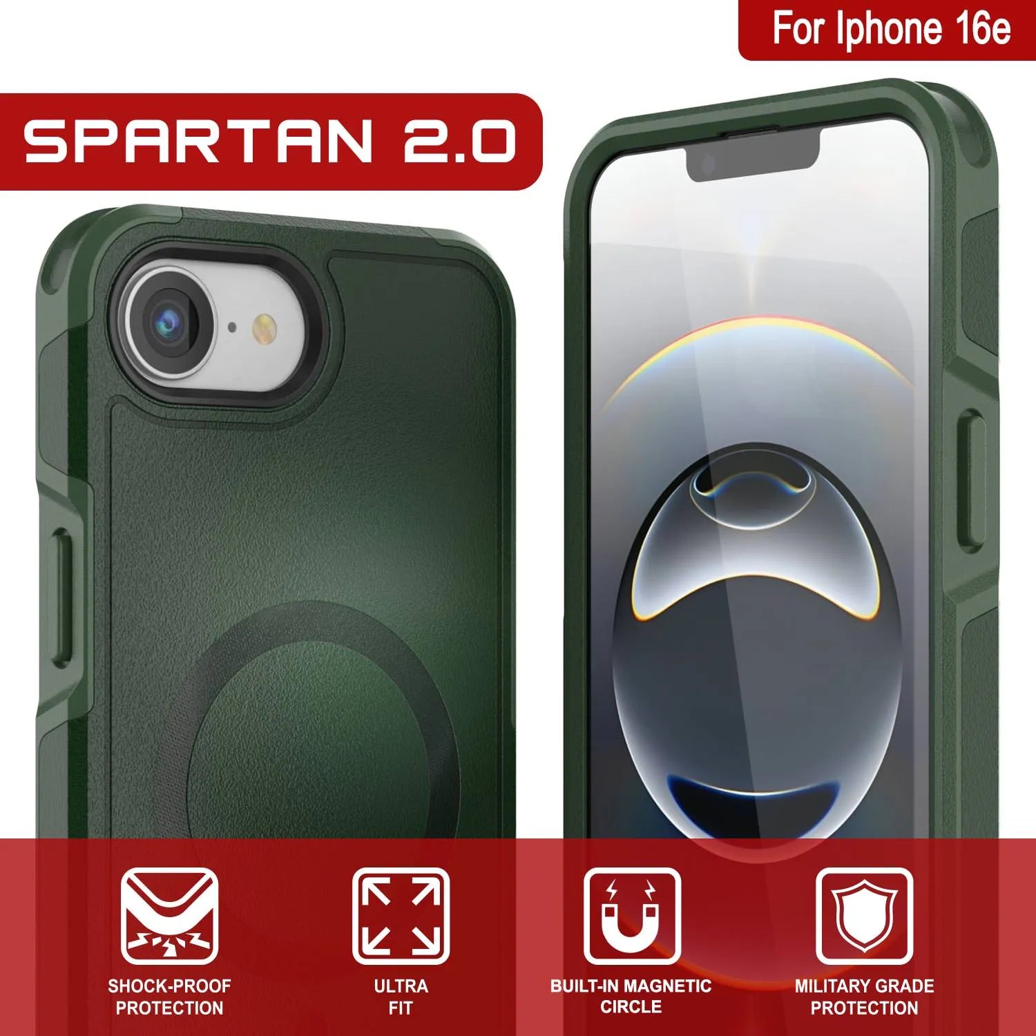 PunkCase iPhone 16e Case, [Spartan 2.0 Series] Clear Rugged Heavy Duty Cover W/Built in Screen Protector [dark green]