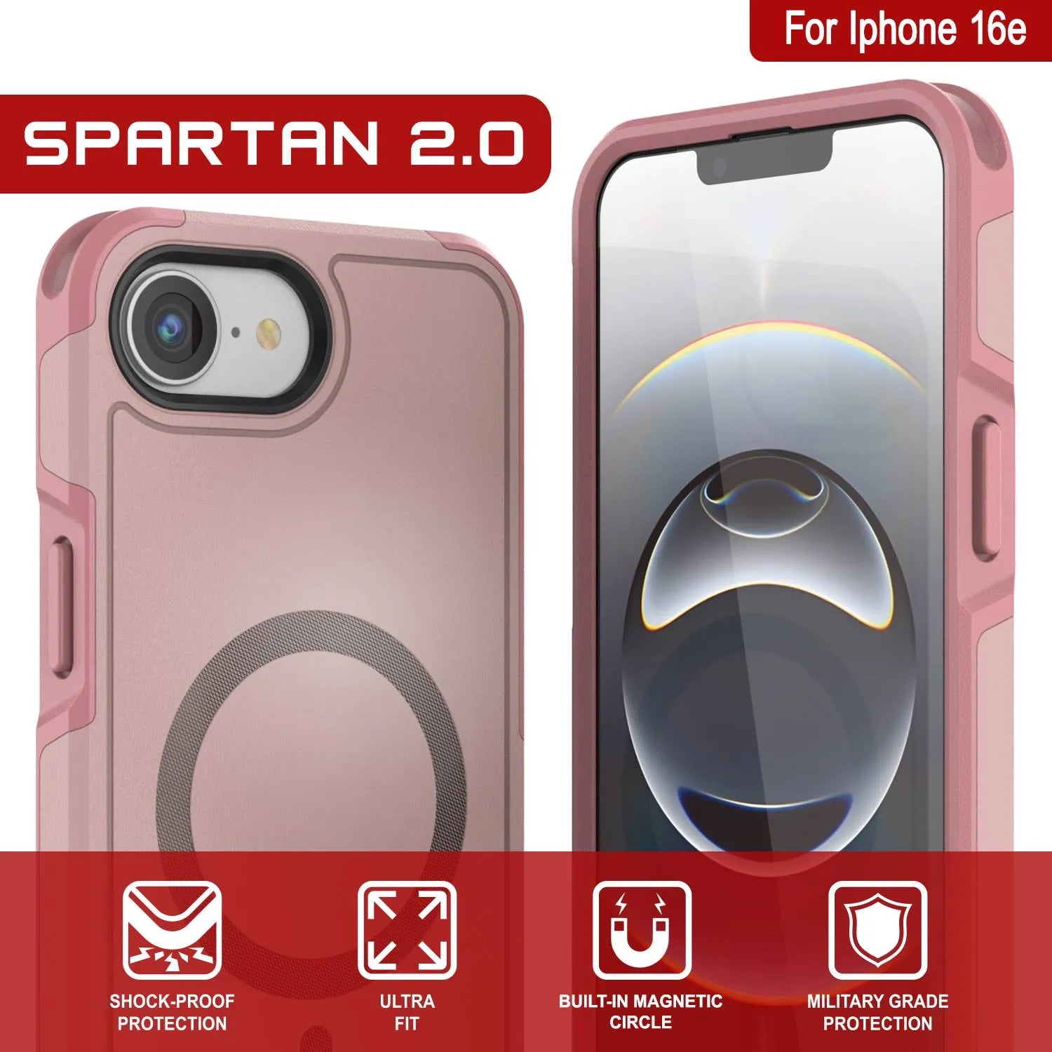 PunkCase iPhone 16e Case, [Spartan 2.0 Series] Clear Rugged Heavy Duty Cover W/Built in Screen Protector [pink]