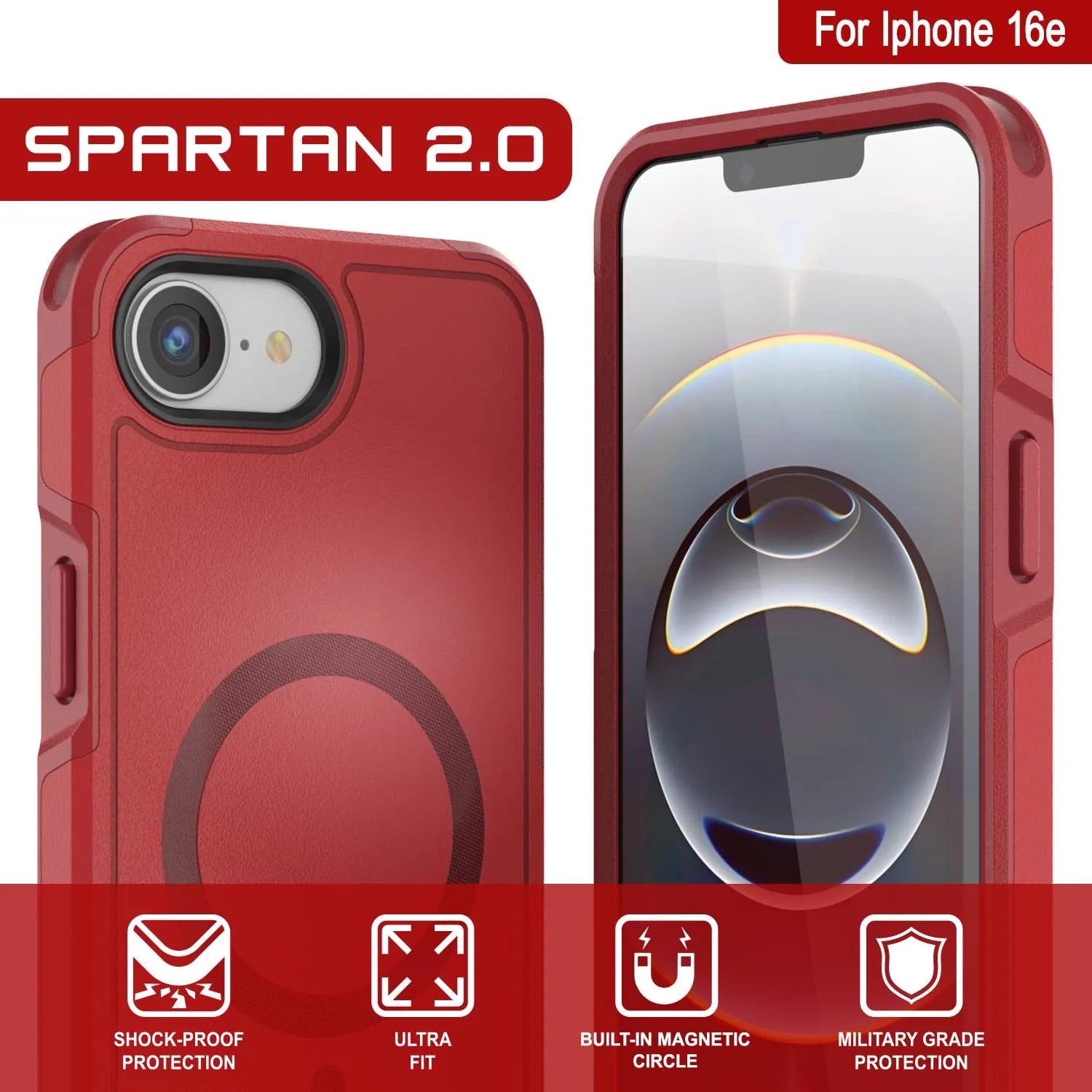 PunkCase iPhone 16e Case, [Spartan 2.0 Series] Clear Rugged Heavy Duty Cover W/Built in Screen Protector [red]