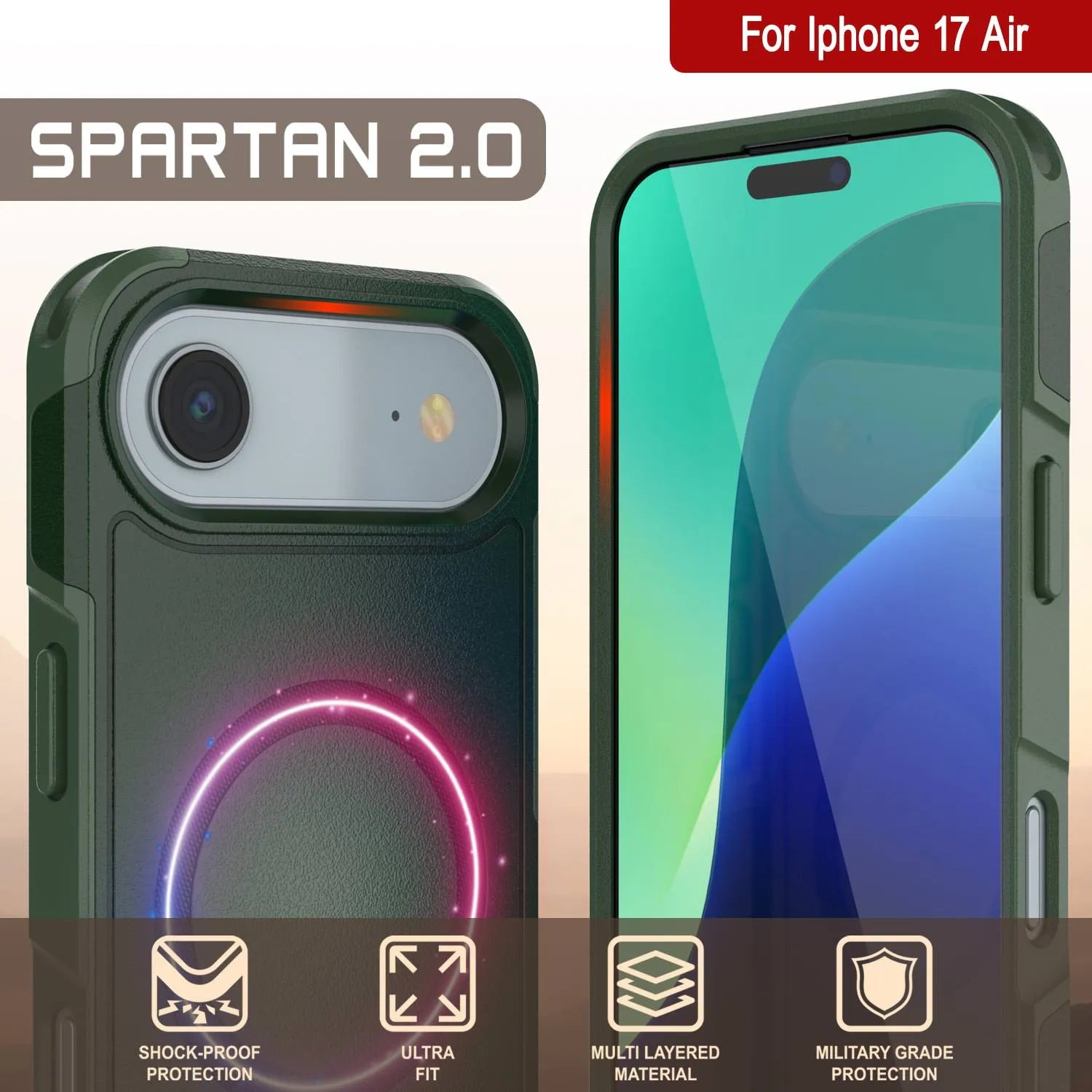 PunkCase iPhone 17 Air Case, [Spartan 2.0 Series] Clear Rugged Heavy Duty Cover W/Built in Screen Protector [dark green]
