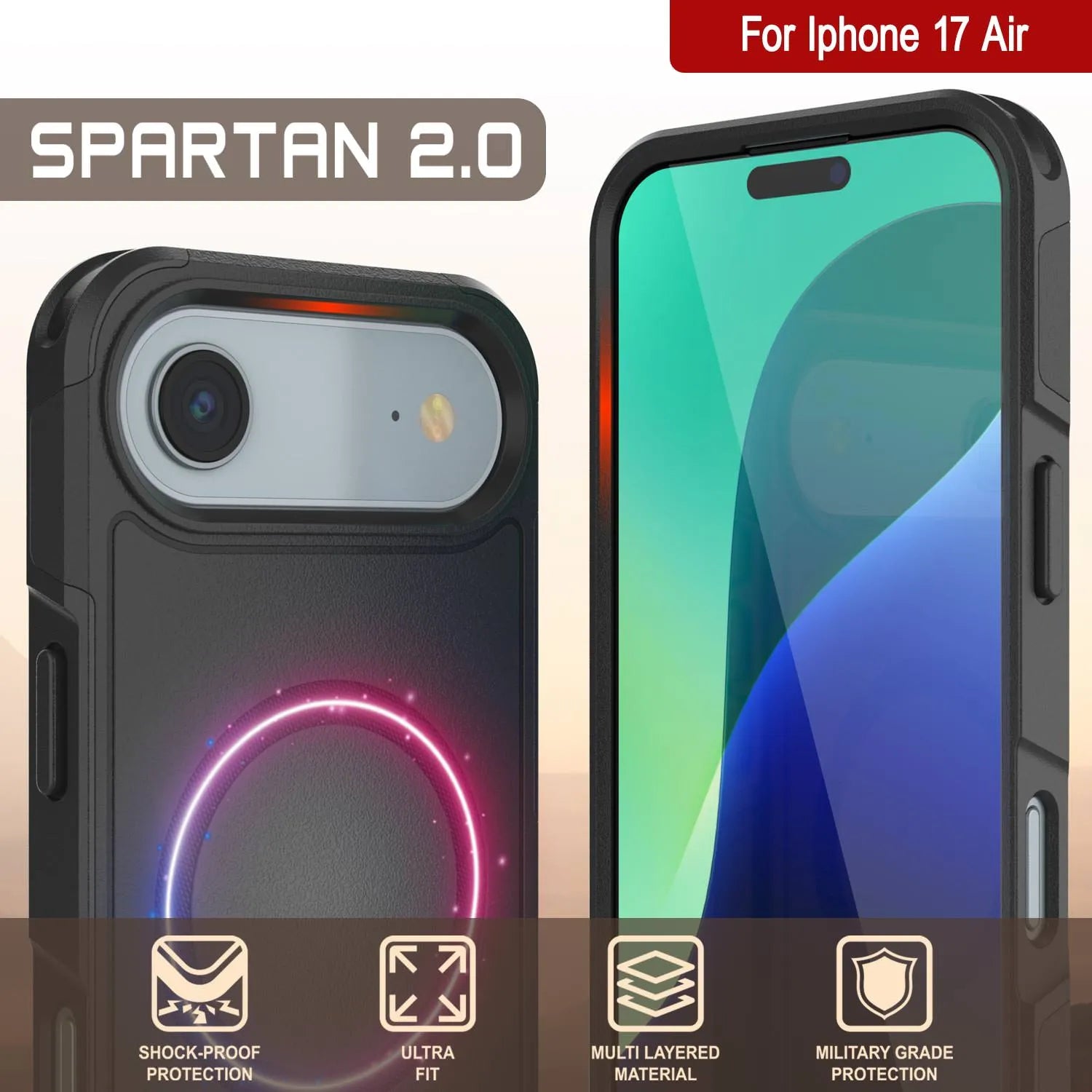 PunkCase iPhone 17 Air Case, [Spartan 2.0 Series] Clear Rugged Heavy Duty Cover W/Built in Screen Protector [Black]