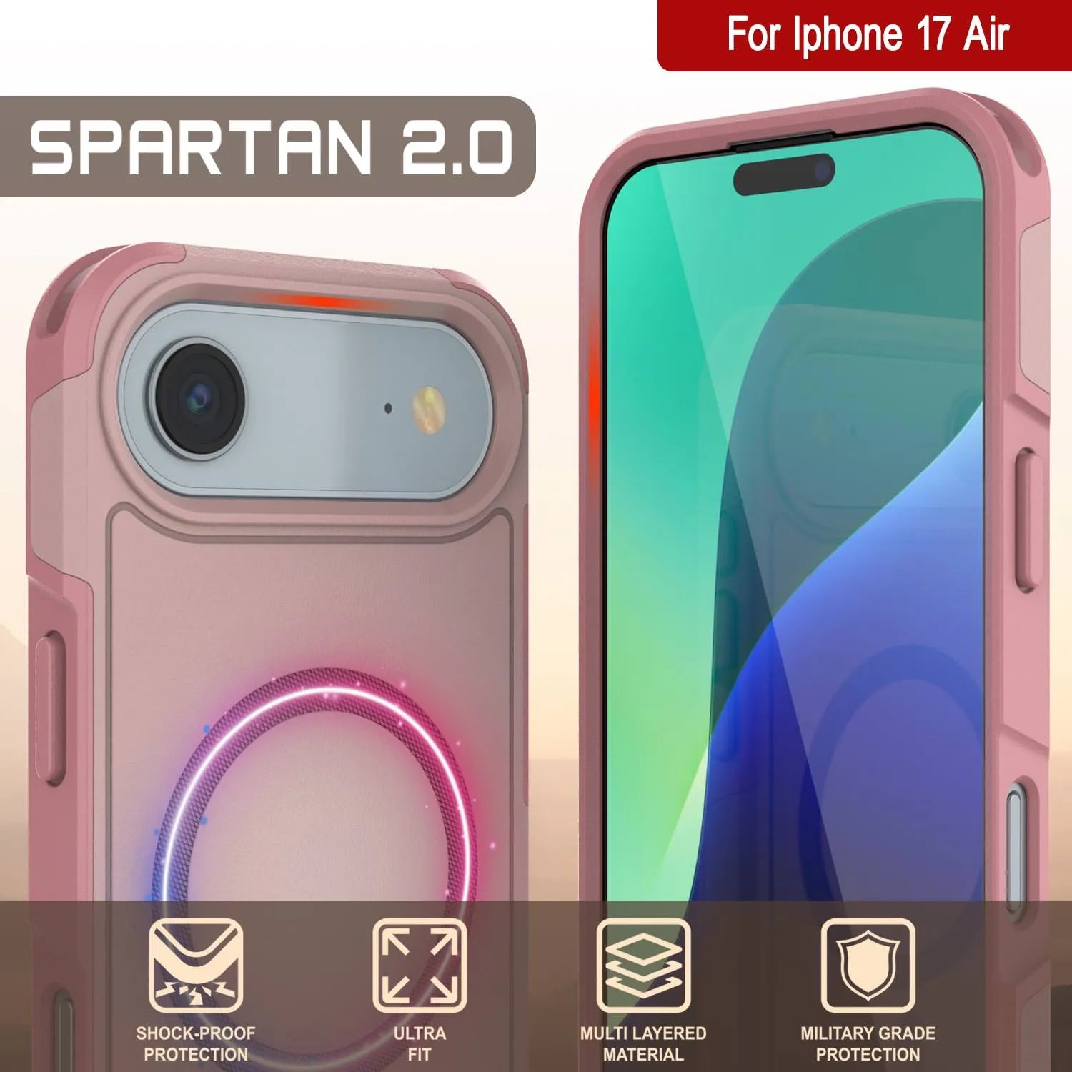 PunkCase iPhone 17 Air Case, [Spartan 2.0 Series] Clear Rugged Heavy Duty Cover W/Built in Screen Protector [pink]