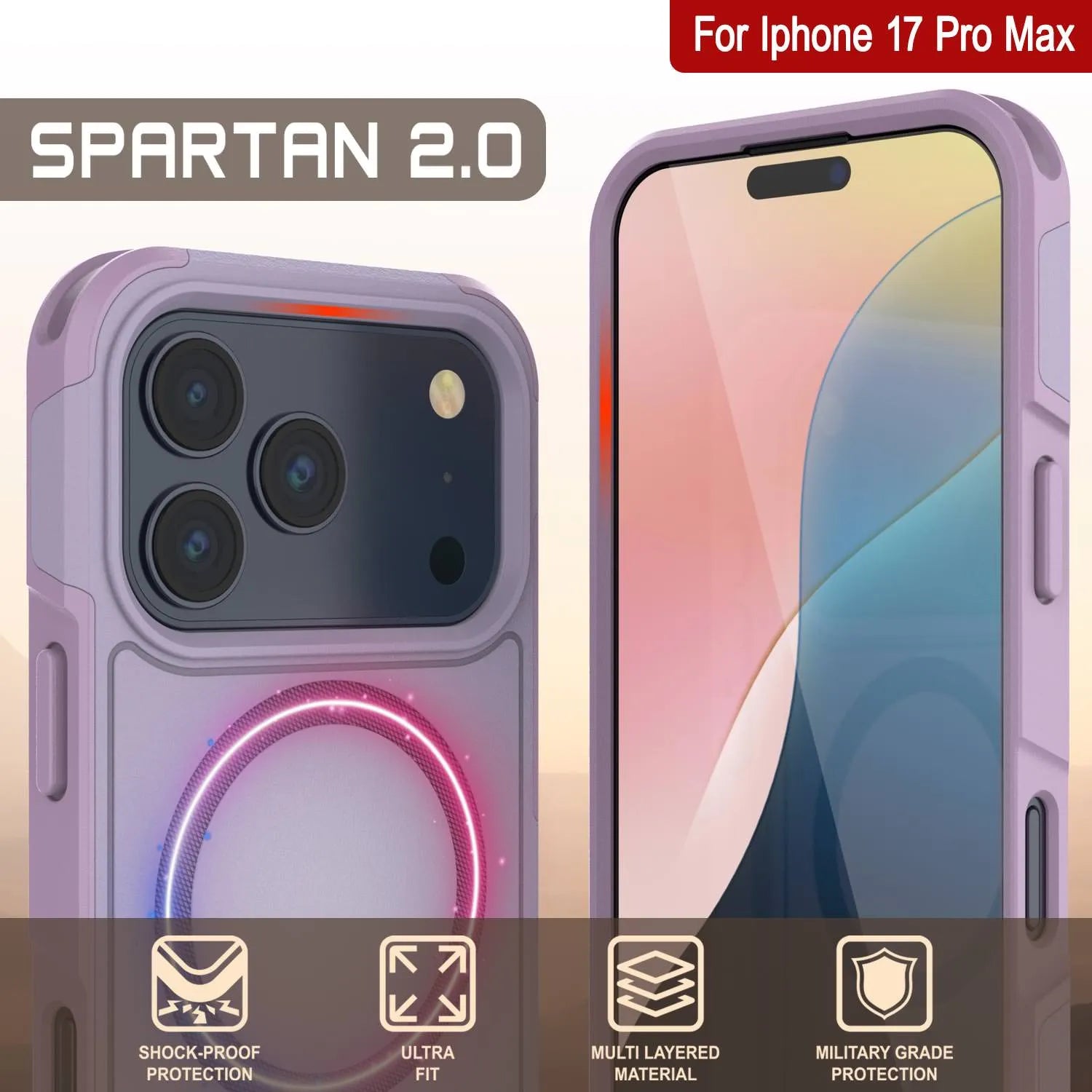PunkCase iPhone 17 Pro Max Case, [Spartan 2.0 Series] Clear Rugged Heavy Duty Cover W/Built in Screen Protector [lilac]